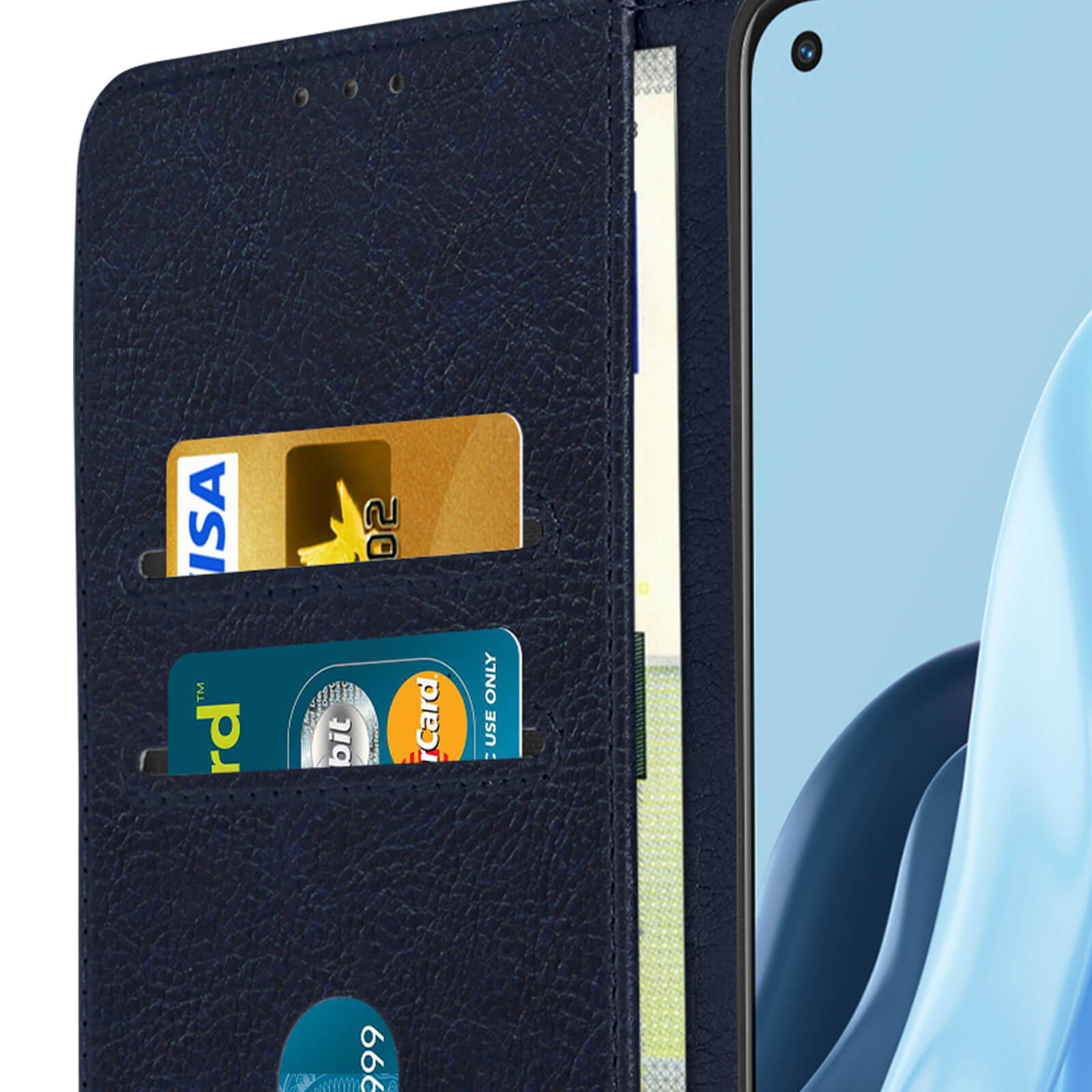 Primo piano di una custodia con carte di credito, su sfondo blu. Carte visibili.