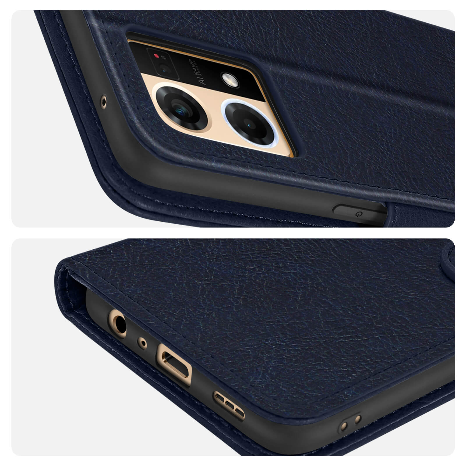 Custodia per telefono con una texture in pelle blu scuro. Primo piano dell'area della fotocamera del telefono e dei pulsanti.