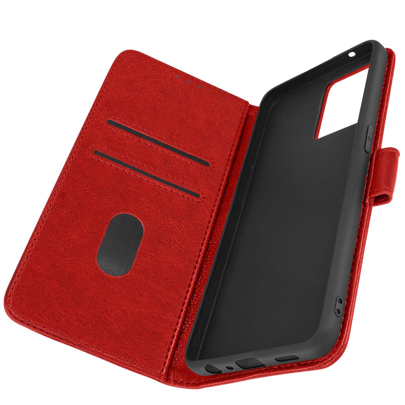 Étui de téléphone rouge, ouvert, révélant un cadre de téléphone noir et un intérieur rouge, fond blanc.