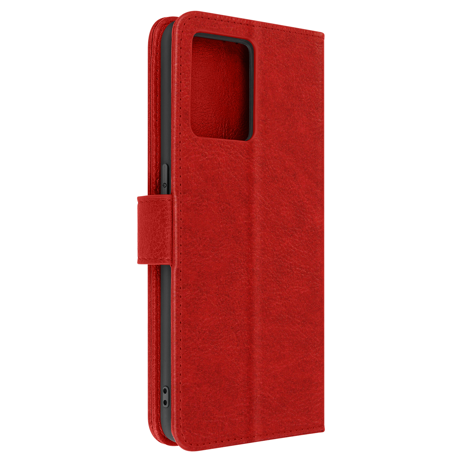Étui de téléphone rouge avec rabat ouvert, vue latérale. L'étui est sur un fond blanc.