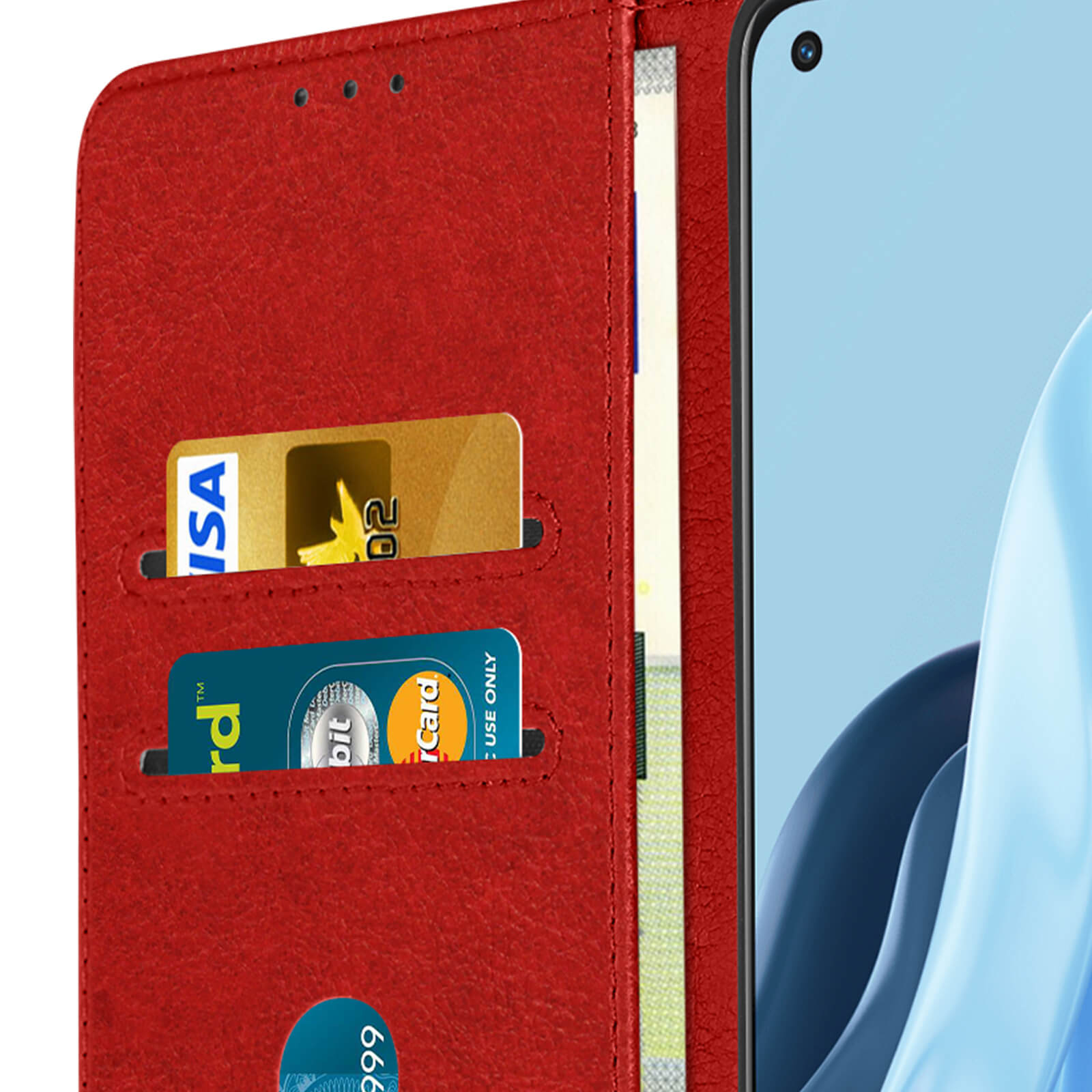 Étui de téléphone rouge ouvert avec cartes et argent visibles. L'écran du téléphone est visible.