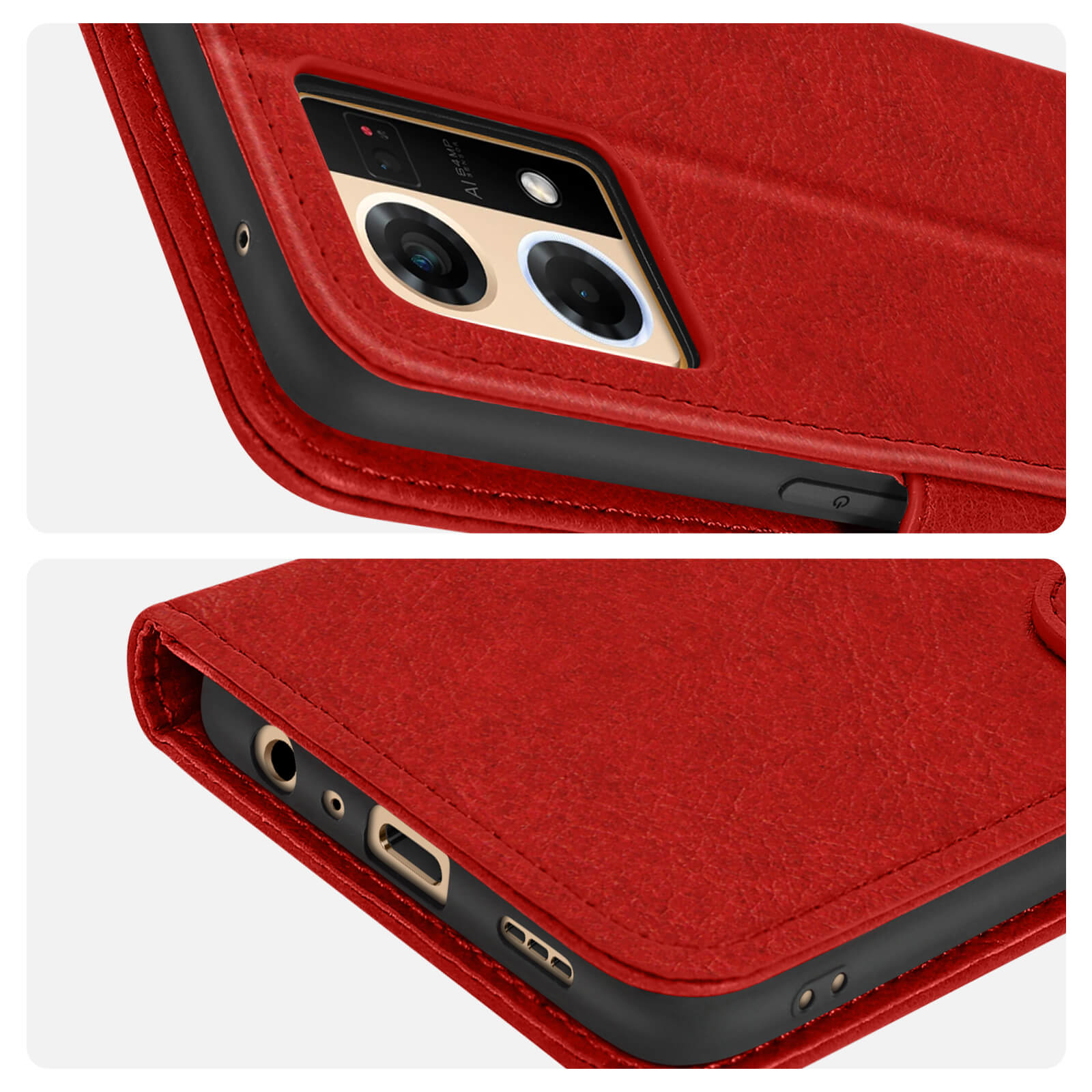 Étui de téléphone en cuir rouge. Le téléphone est visible, avec une caméra à l'arrière.
