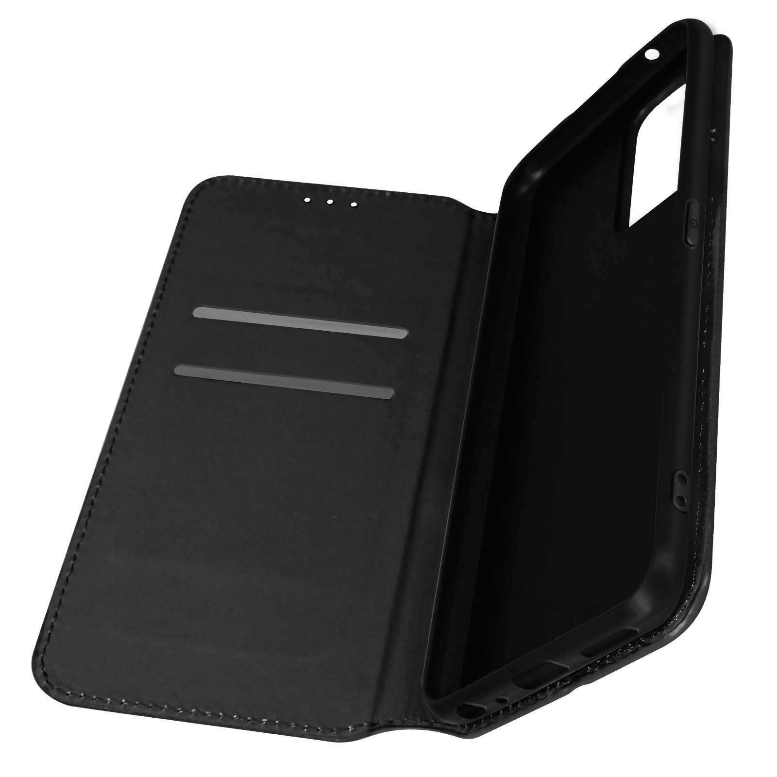Coque de téléphone noire ouverte, montrant un intérieur sombre et trois trous.