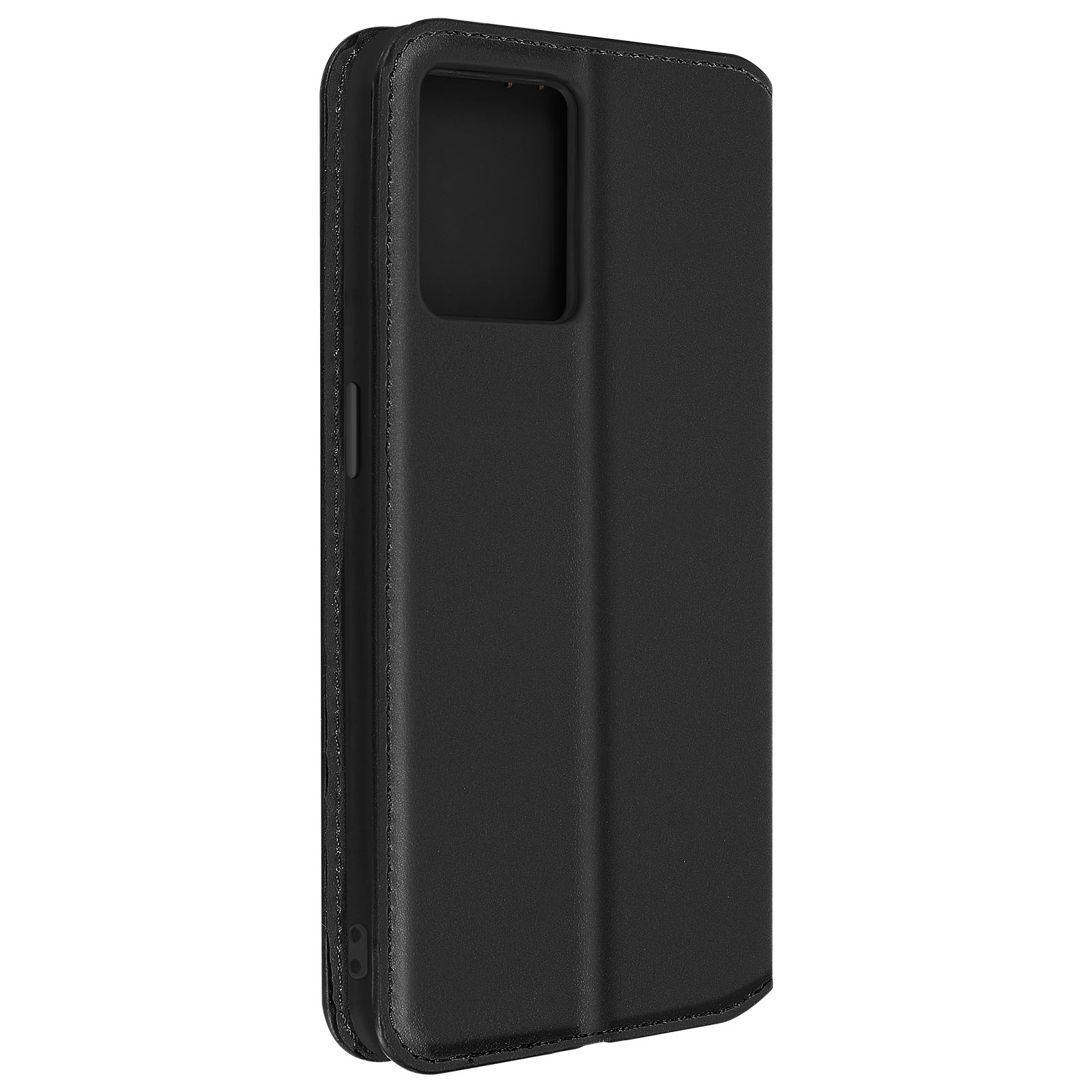 Étui de téléphone noir fermé, vue de face. Coutures visibles. Gros plan.