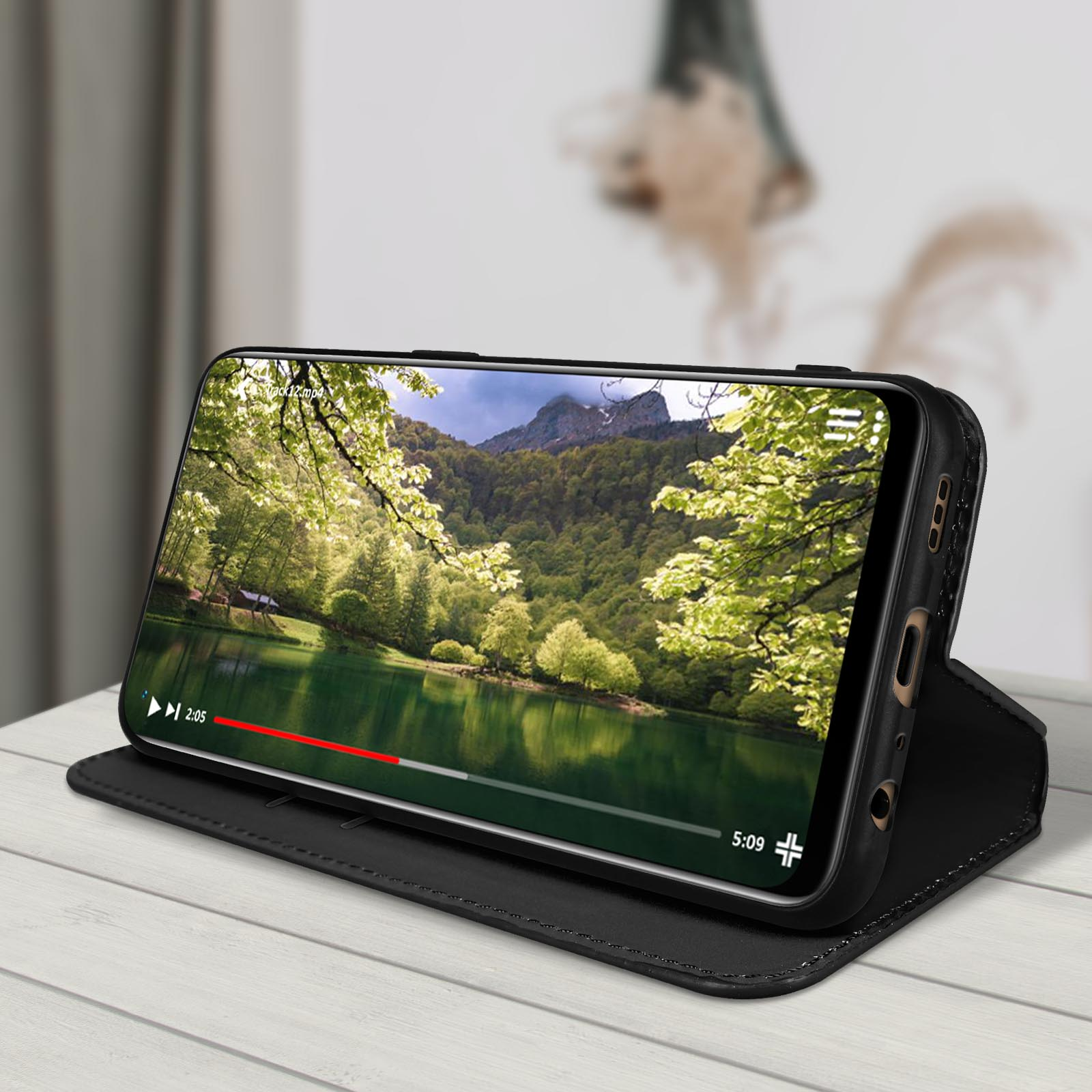 Un téléphone affiche une vidéo d'un lac et de montagnes. Il est posé dans un étui noir.