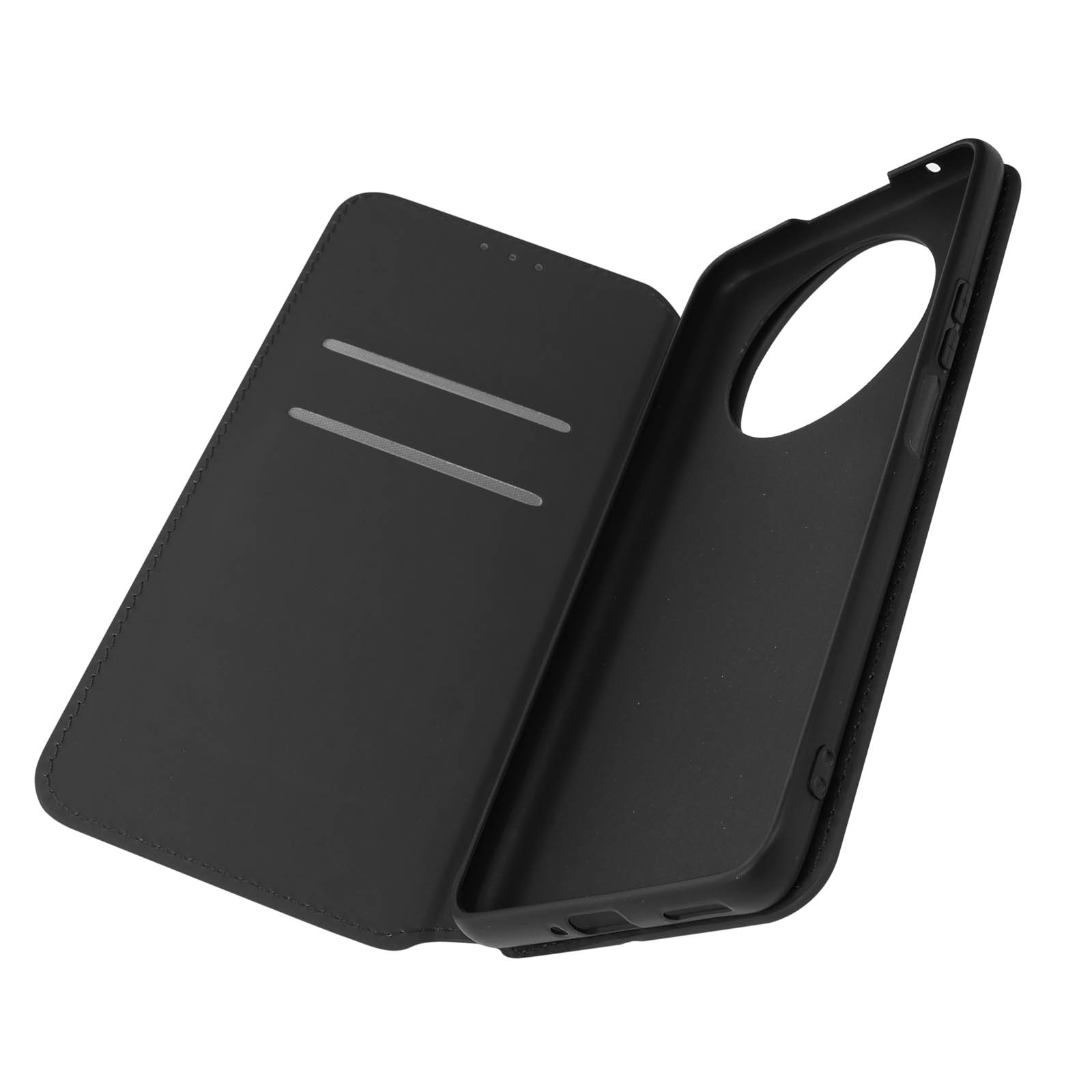 Coque de téléphone noire avec portefeuille et emplacements pour cartes.