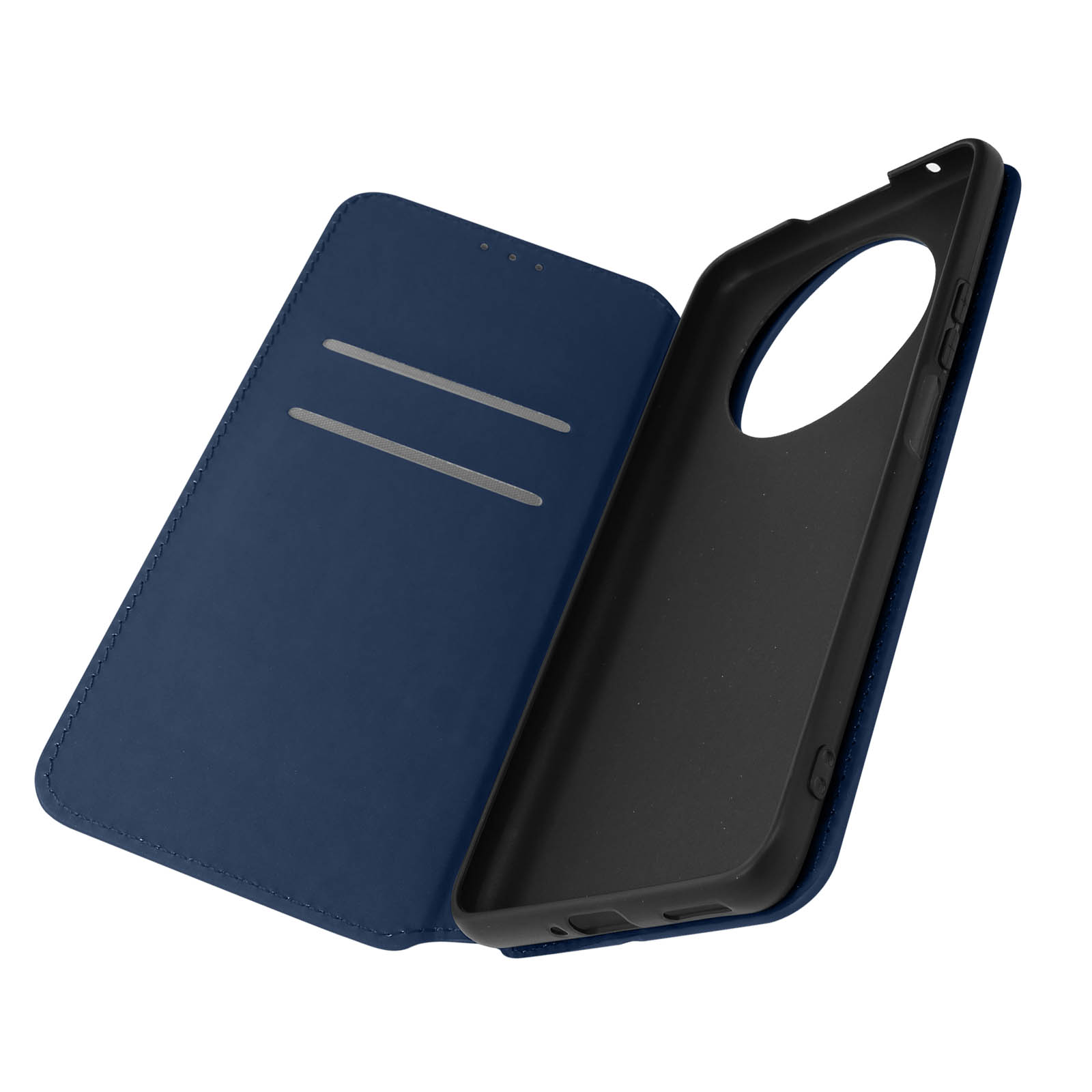 Blauwe telefoonhoes, open, met kaartsleuven en telefoon.