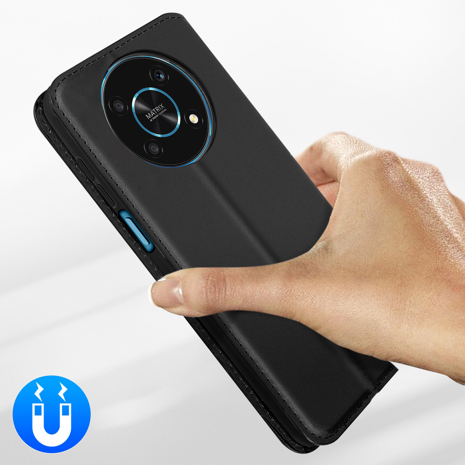 Coque de téléphone noire avec fermeture magnétique. Une main tient la coque.
