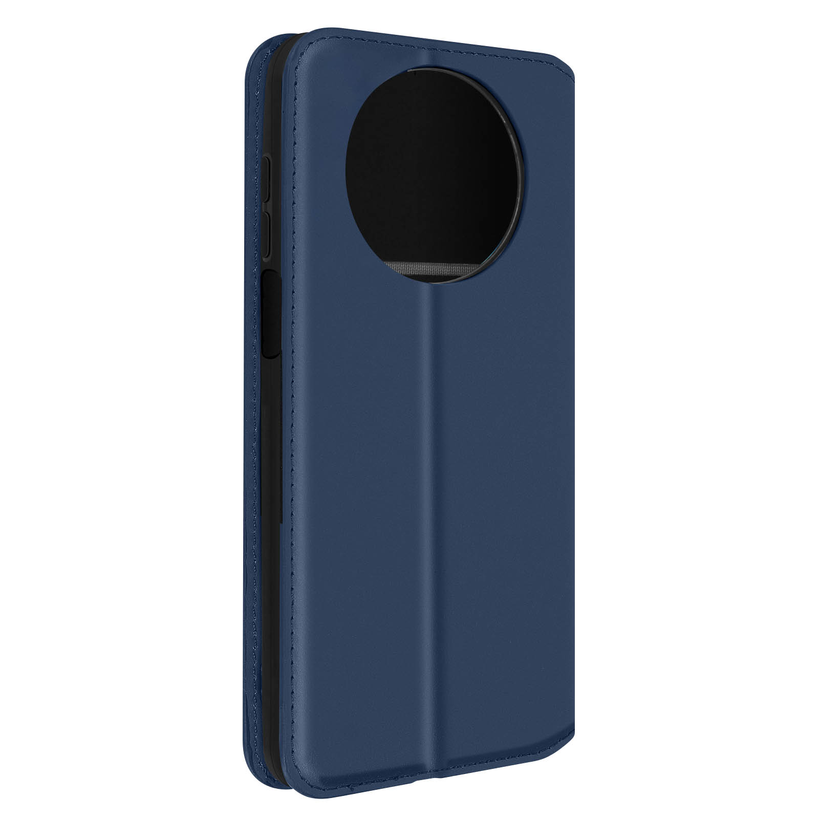 Een marineblauwe telefoonhoes met een cirkelvormige camera-uitsparing en een schermopening.