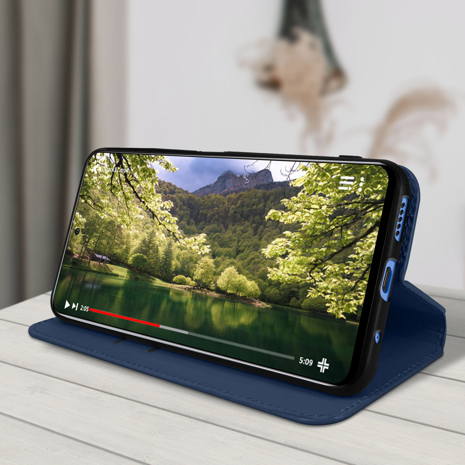 Telefoon met een video van een meer, op een standaard.