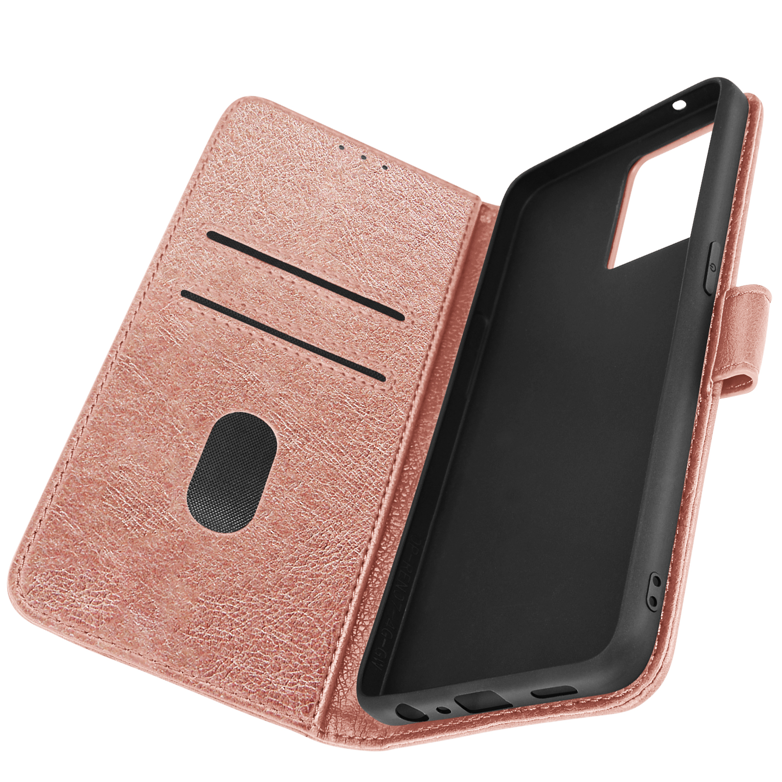 Étui de téléphone ouvert, extérieur or rose, intérieur noir. Avec fentes pour cartes.