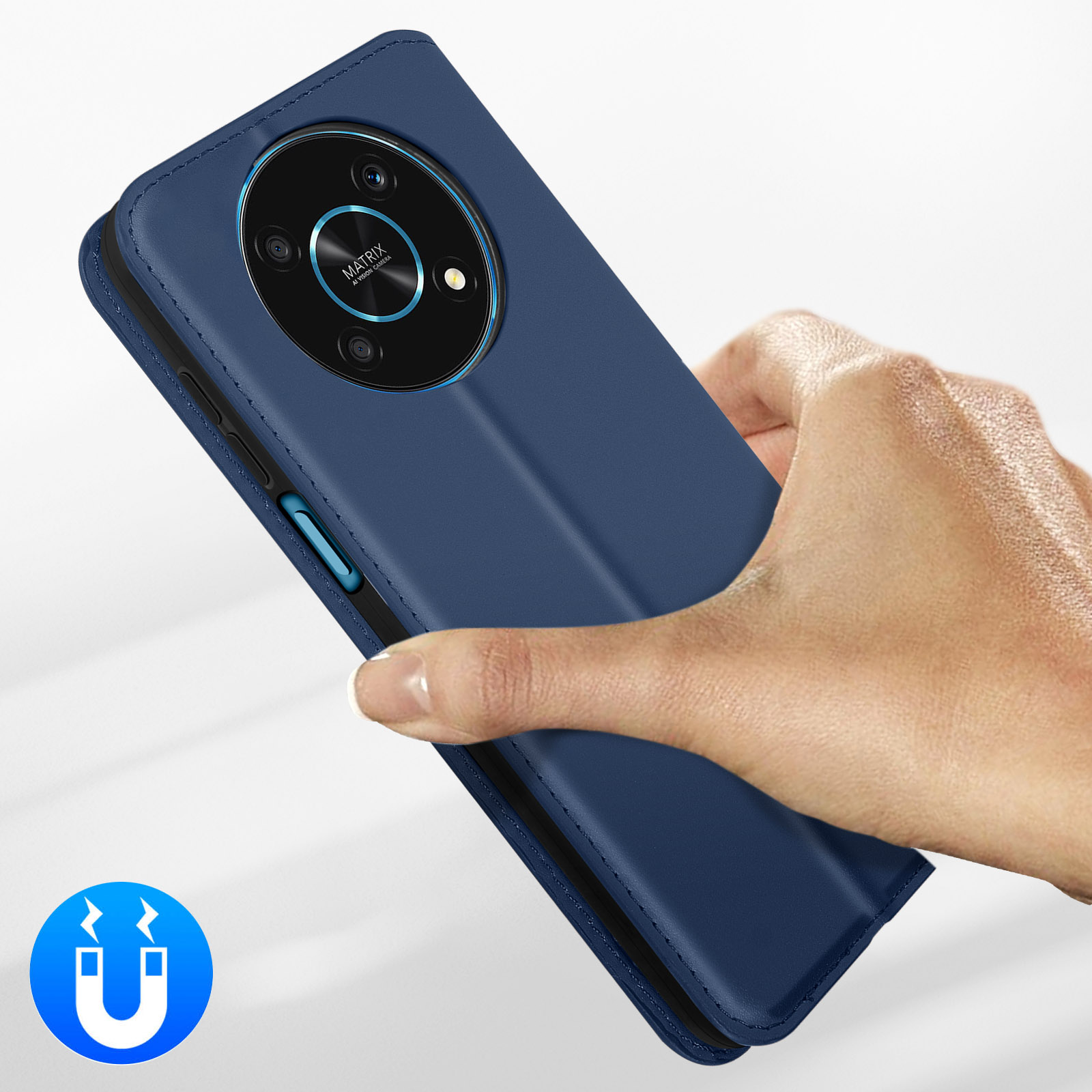 Een blauwe telefoonhoes in een hand. Het heeft een camera-uitsparing en een magnetische sluiting.