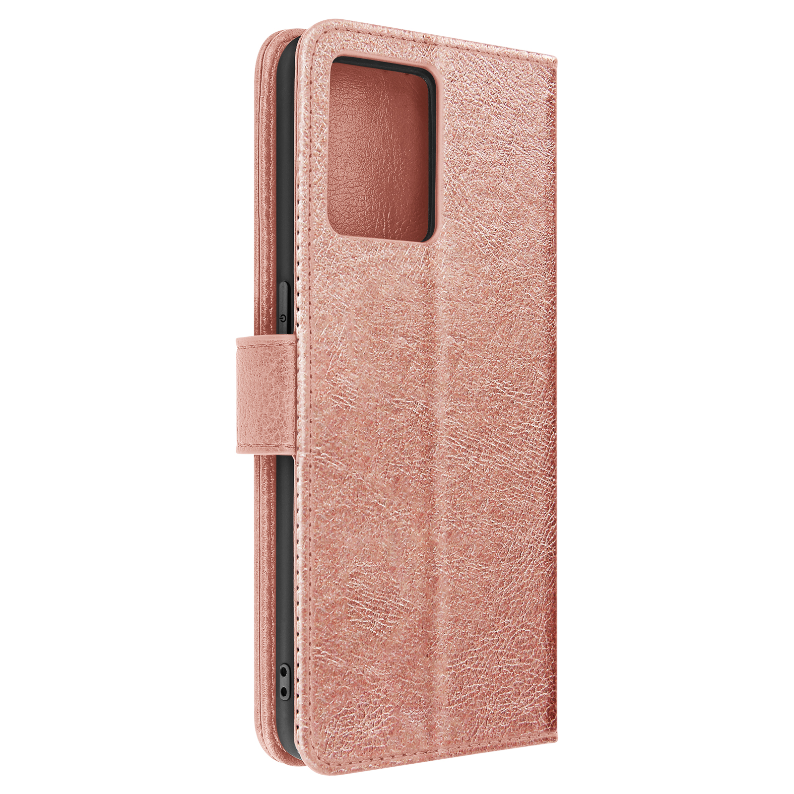Coque de téléphone rose avec un design de portefeuille. Couleur or rose avec fermoir magnétique.