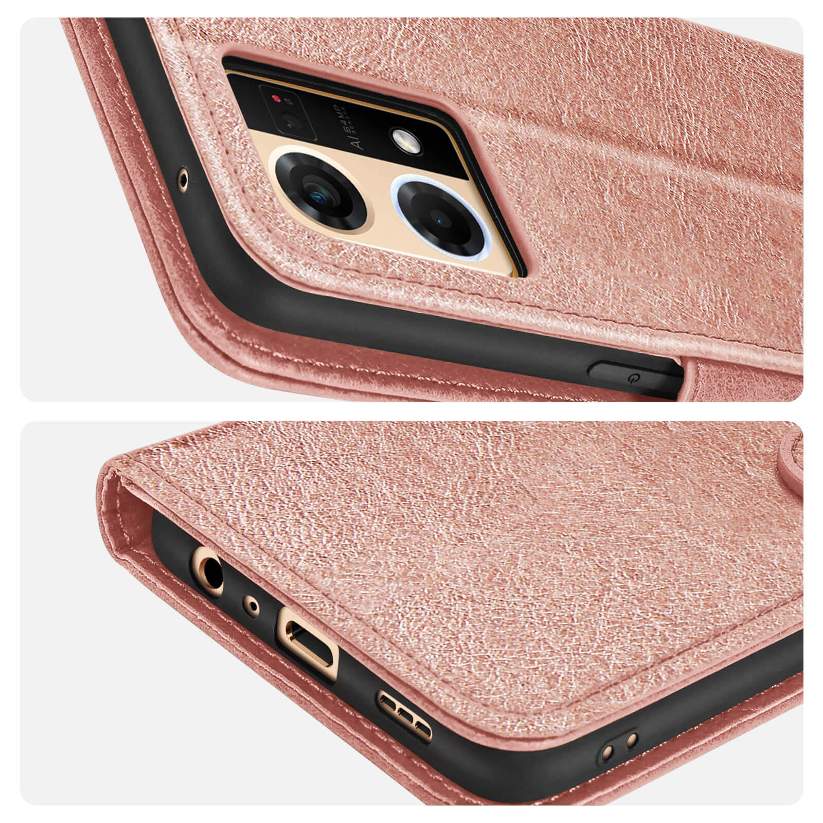 Gros plan d'une coque de téléphone rose avec un téléphone à l'intérieur. Les lentilles de la caméra sont visibles.