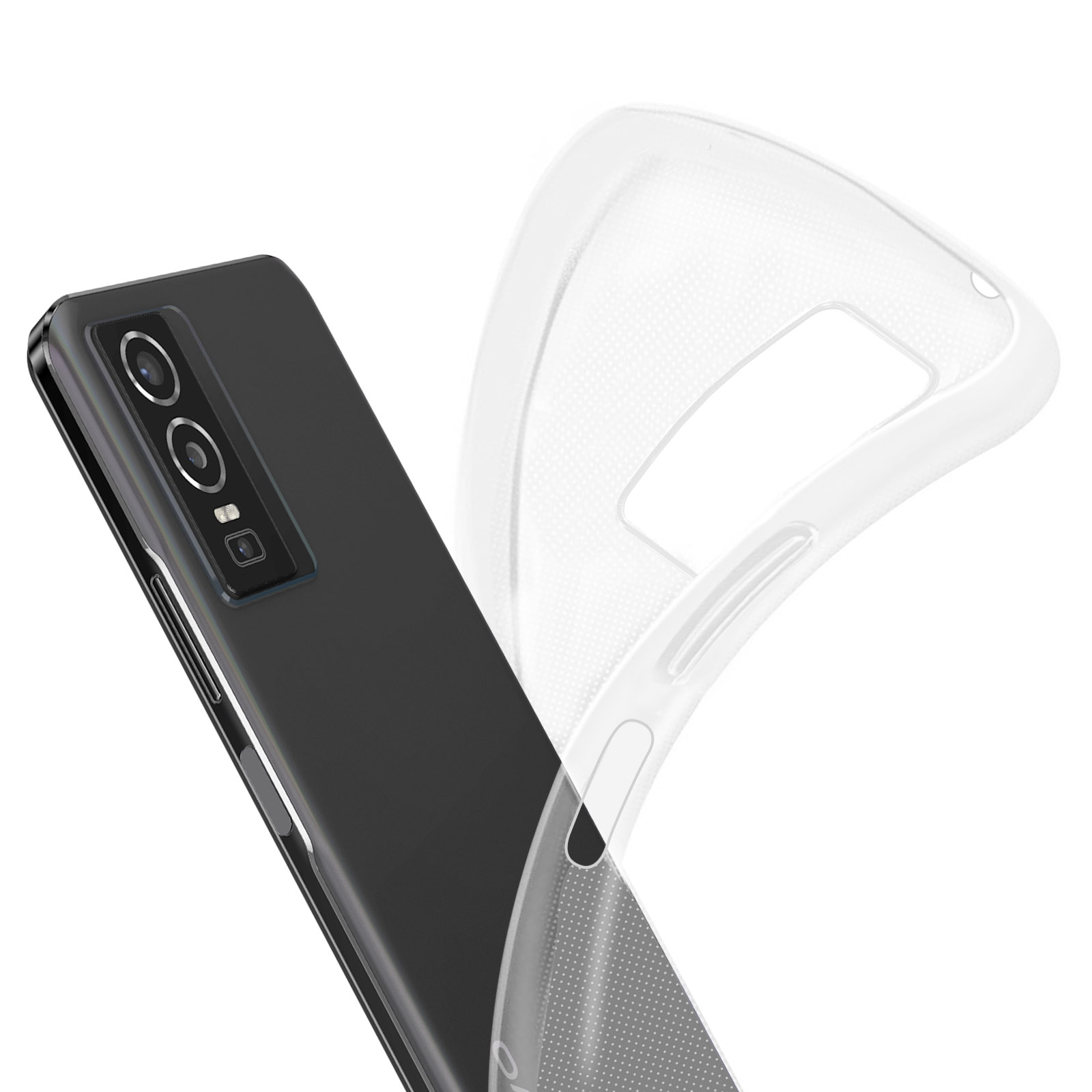 Custodia trasparente per telefono su un telefono nero. Mostra fotocamera e bordi, chiara.