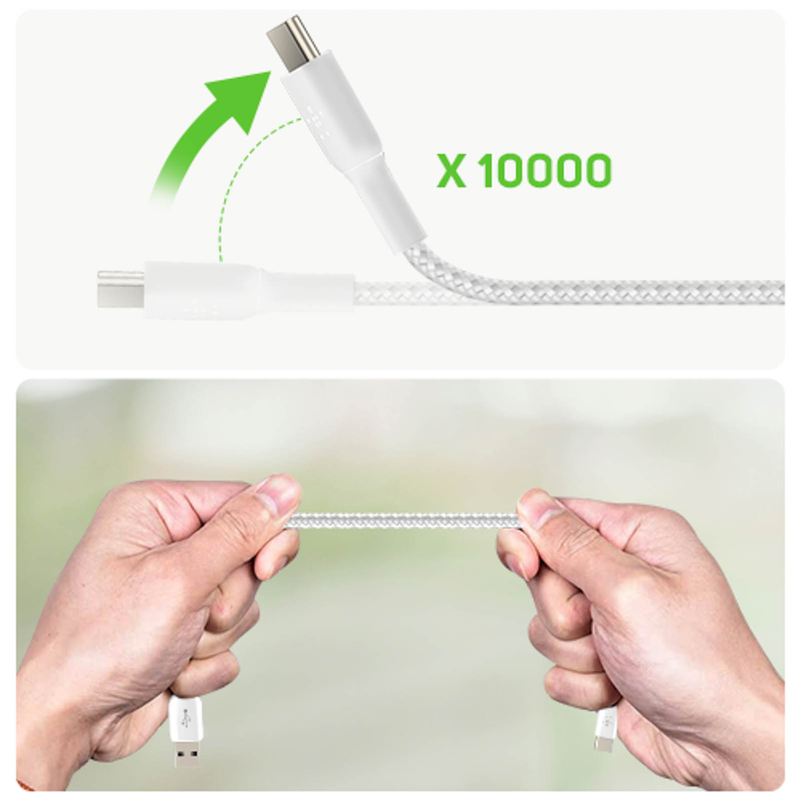 White USB-C cable. One end is plugged into a device, other end is bent. Green arrow indicates its flexibility.