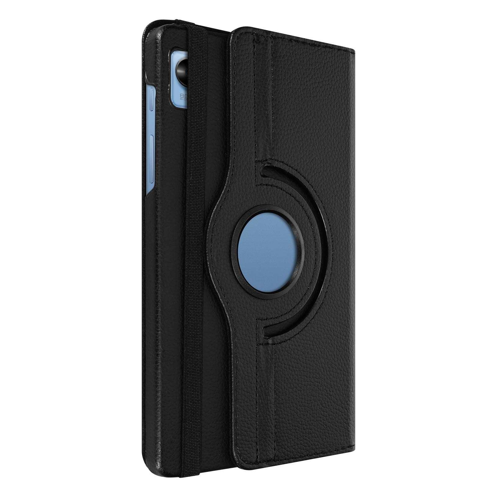 Custodia per telefono in pelle nera, design pieghevole, con cerchio rotante e cinturino elastico.