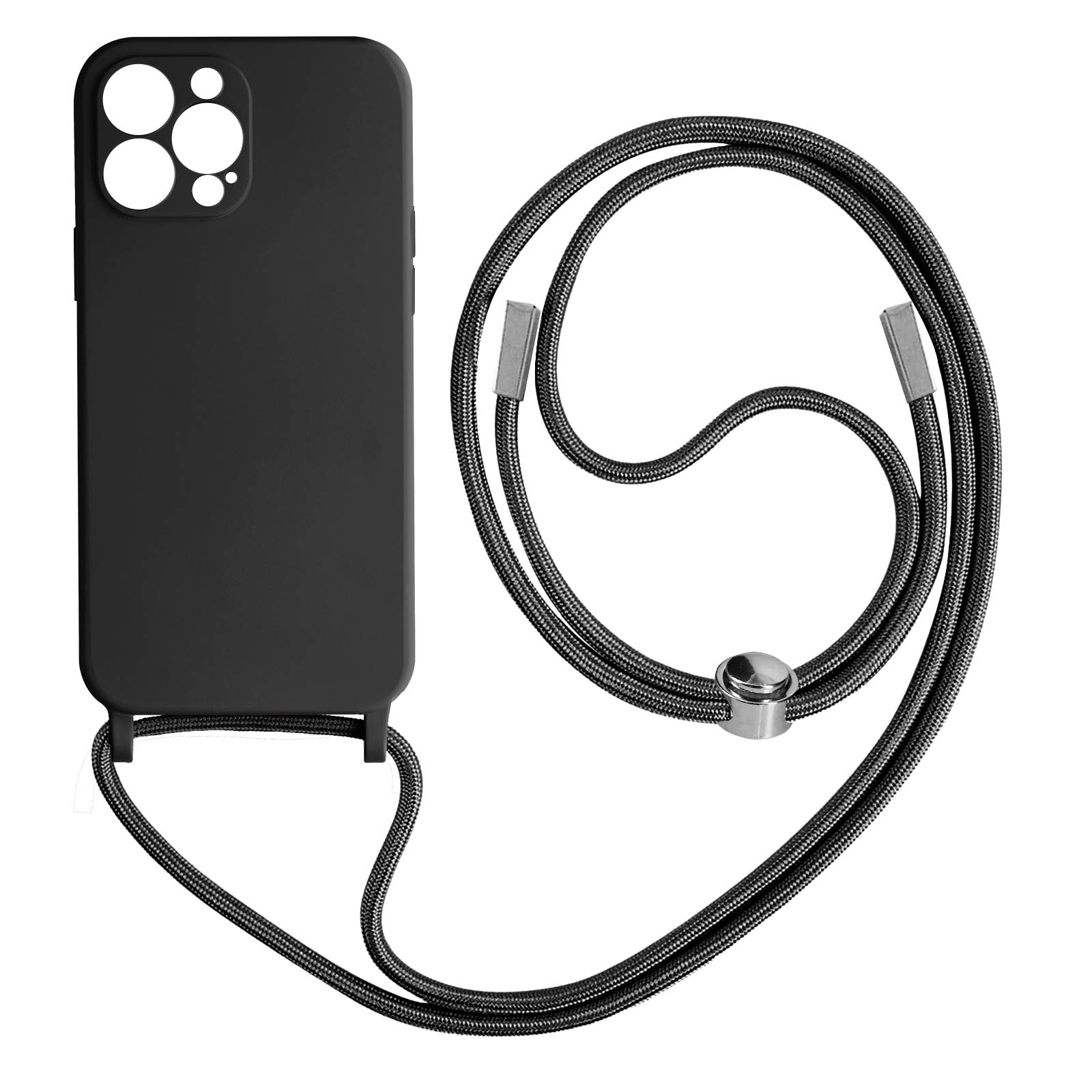 Zwarte telefoonhoes met koord en zilveren metalen detail.