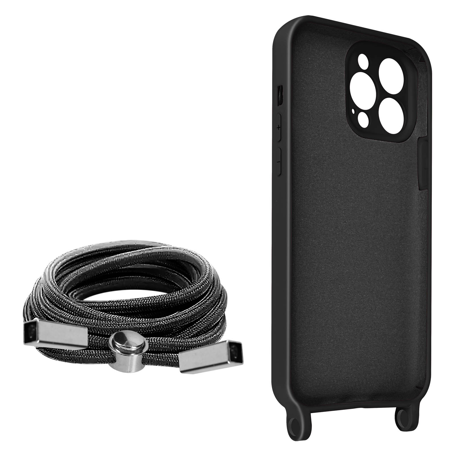 Zwarte telefoonhoes met een zwarte touwriem en metalen sluitingen. Hoes heeft een camera-uitsparing.