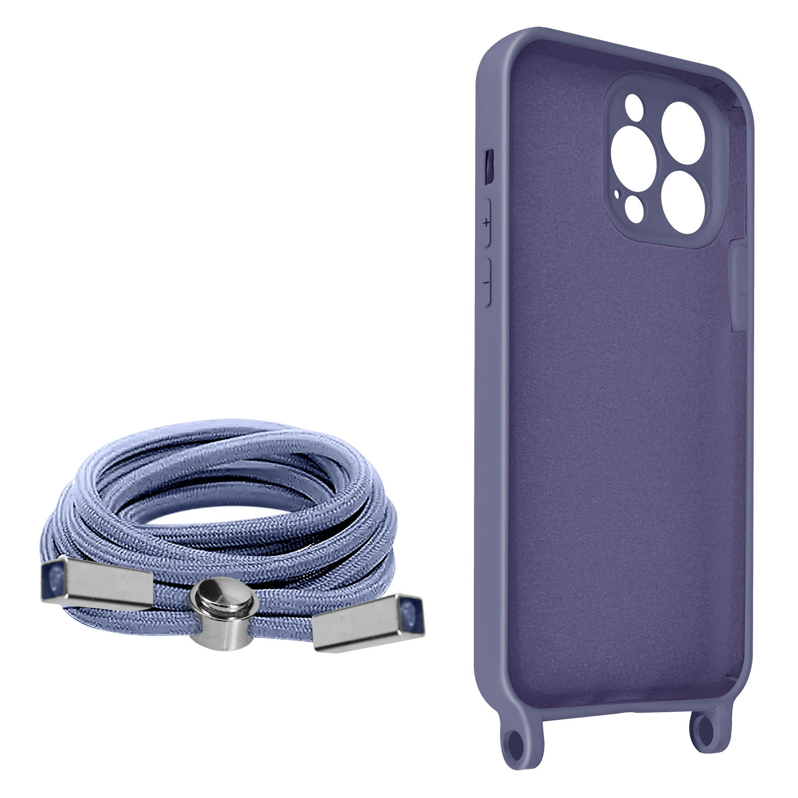 Coque de téléphone violette avec un cordon. Coque et cordon sur fond blanc.