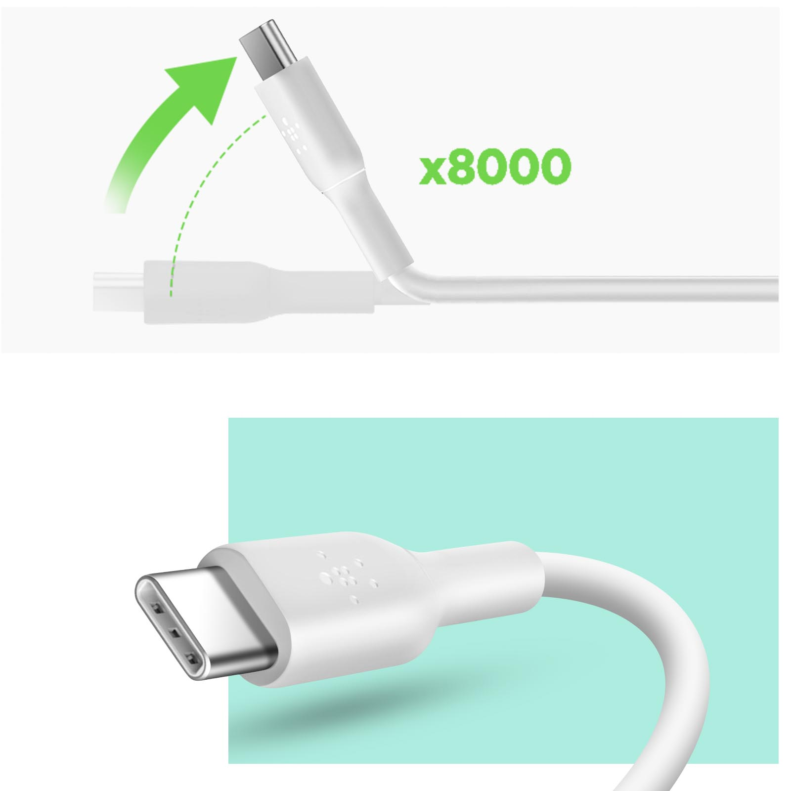 Zwei Bilder, die weiße USB-C-Kabelenden mit grünem Pfeil zeigen. Das untere Bild zeigt das Ende nah.