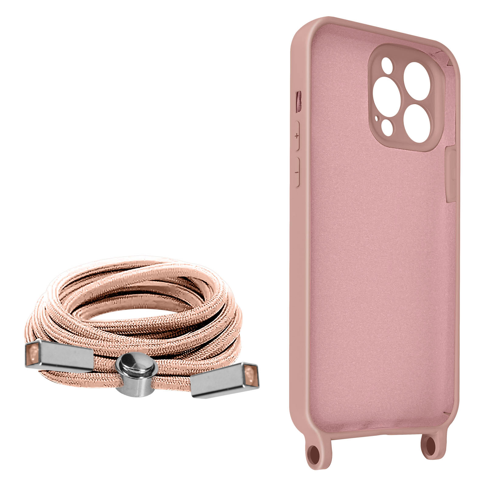 Custodia rosa con cordino oro rosa e terminali metallici.