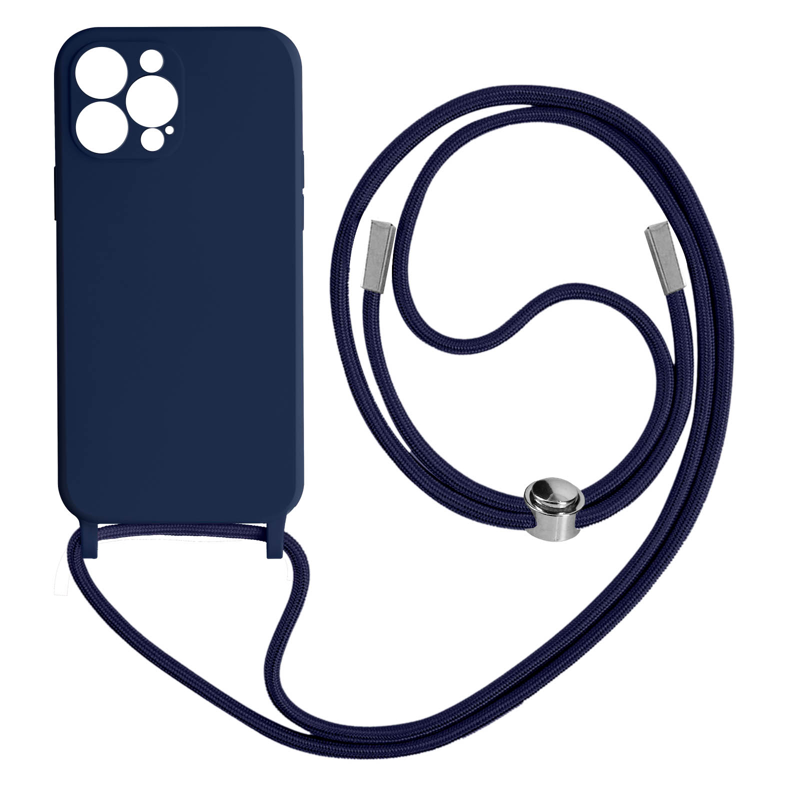 Custodia blu navy con cordino attaccato.