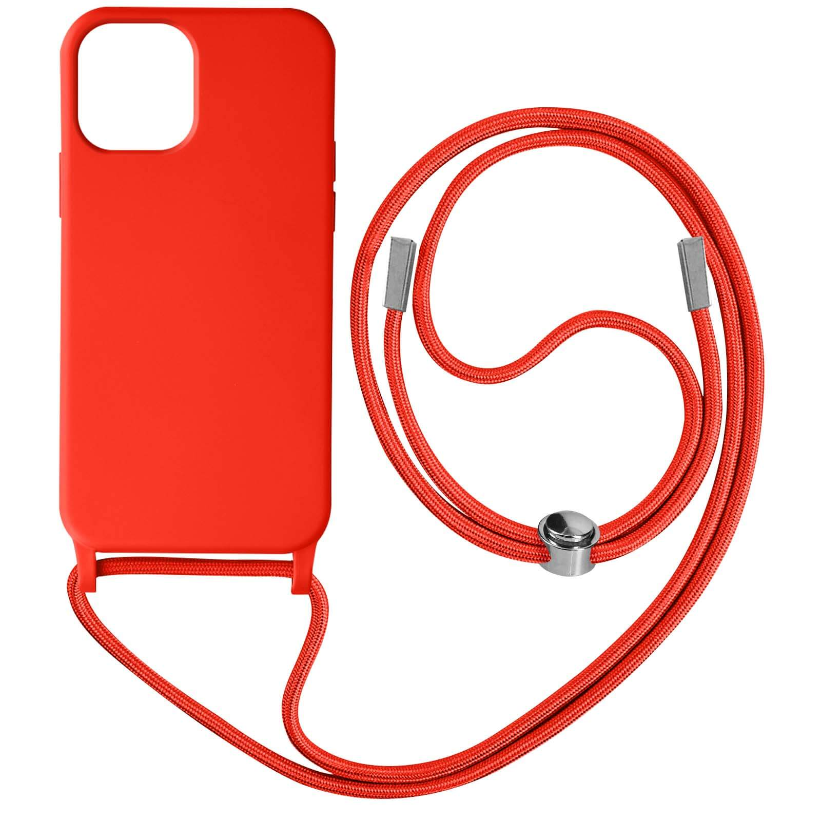 Een rode telefoonhoes met een bijpassend rood koord. Het koord is aan de hoes bevestigd.