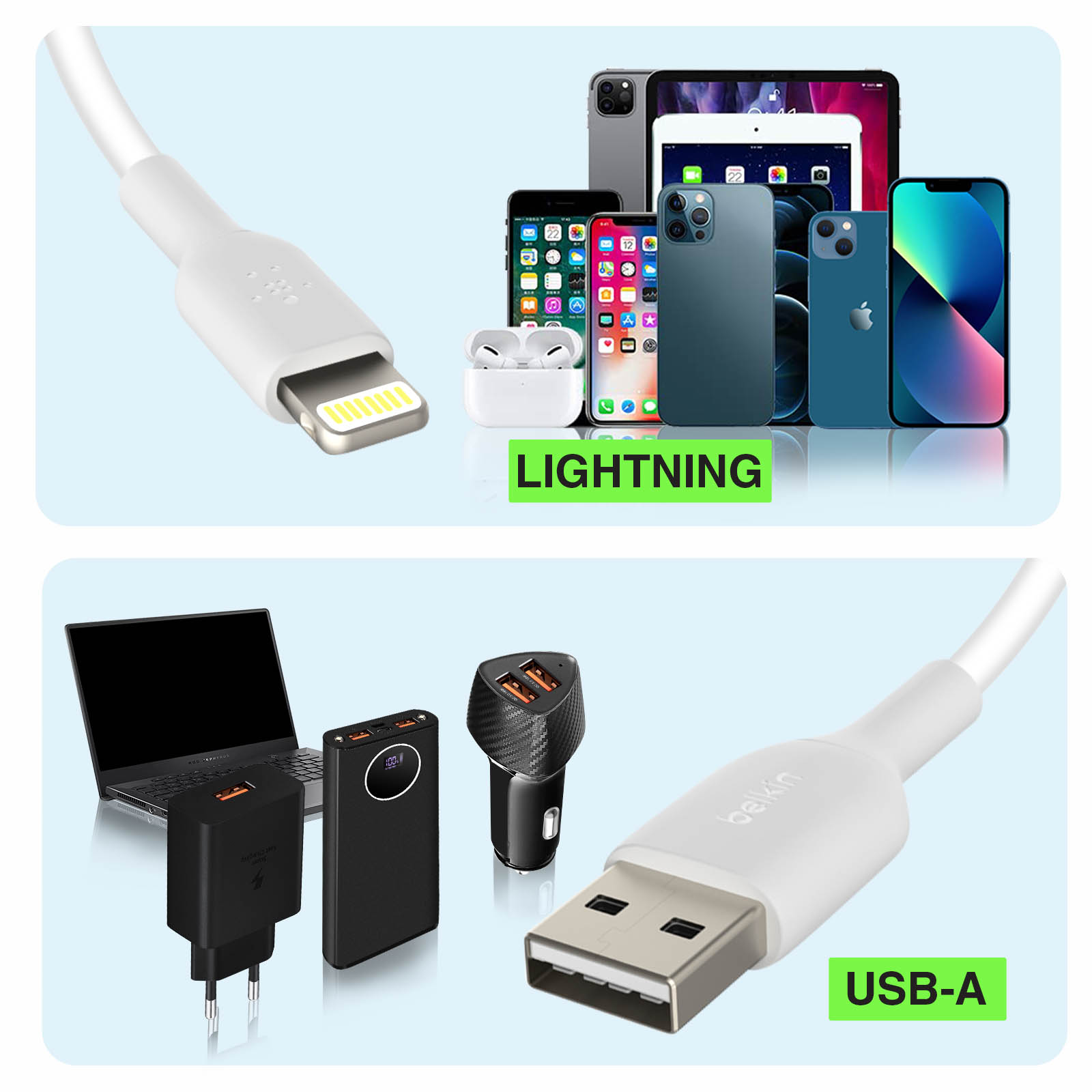 Due immagini: cavi Lightning e USB-A, vari telefoni, caricabatterie e accessori.