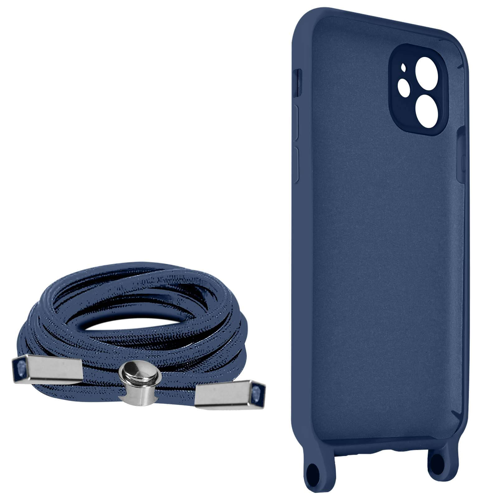 Una custodia blu per telefono e una corda blu per un telefono nell'angolo.