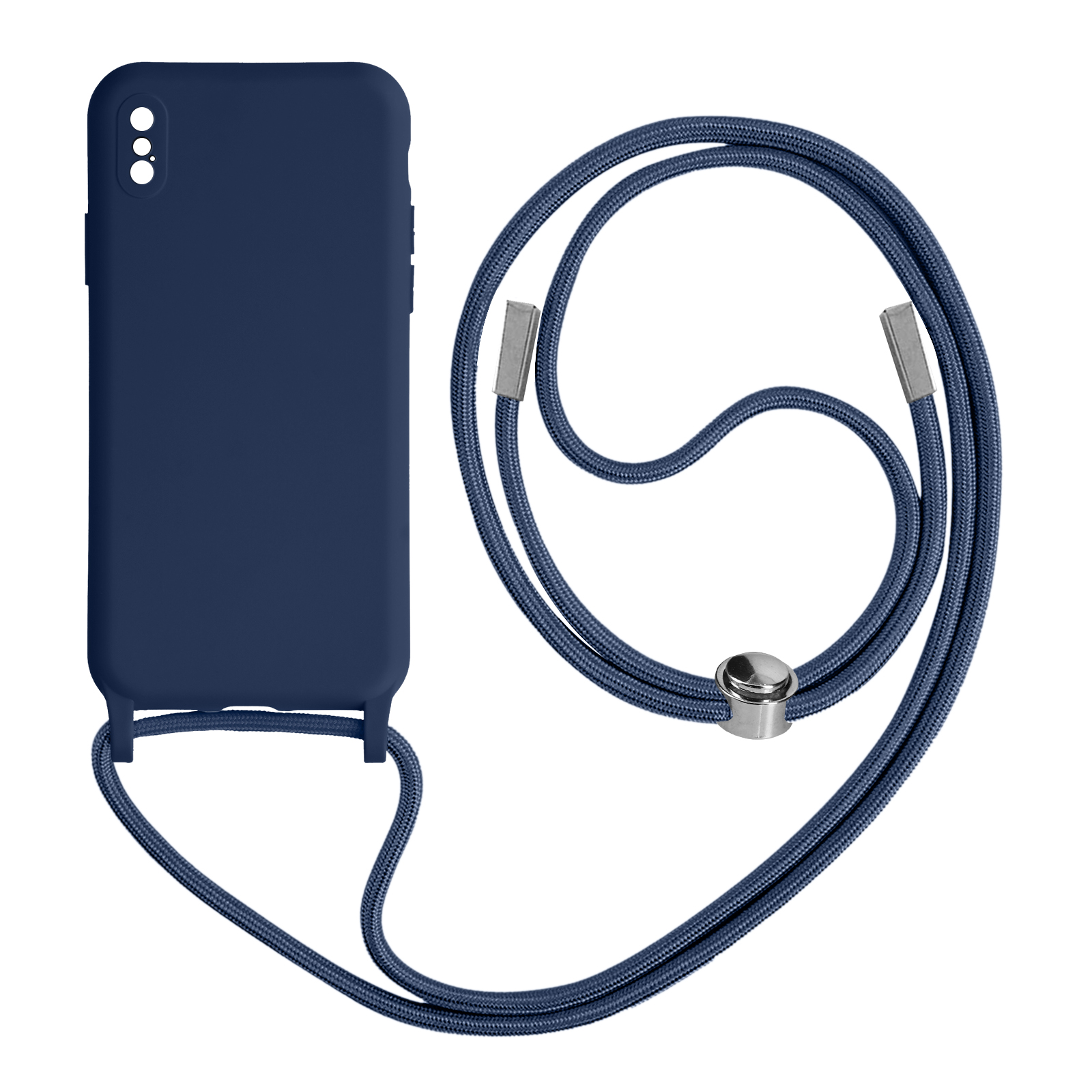 Coque de téléphone bleu marine avec cordon et lanière assortis.