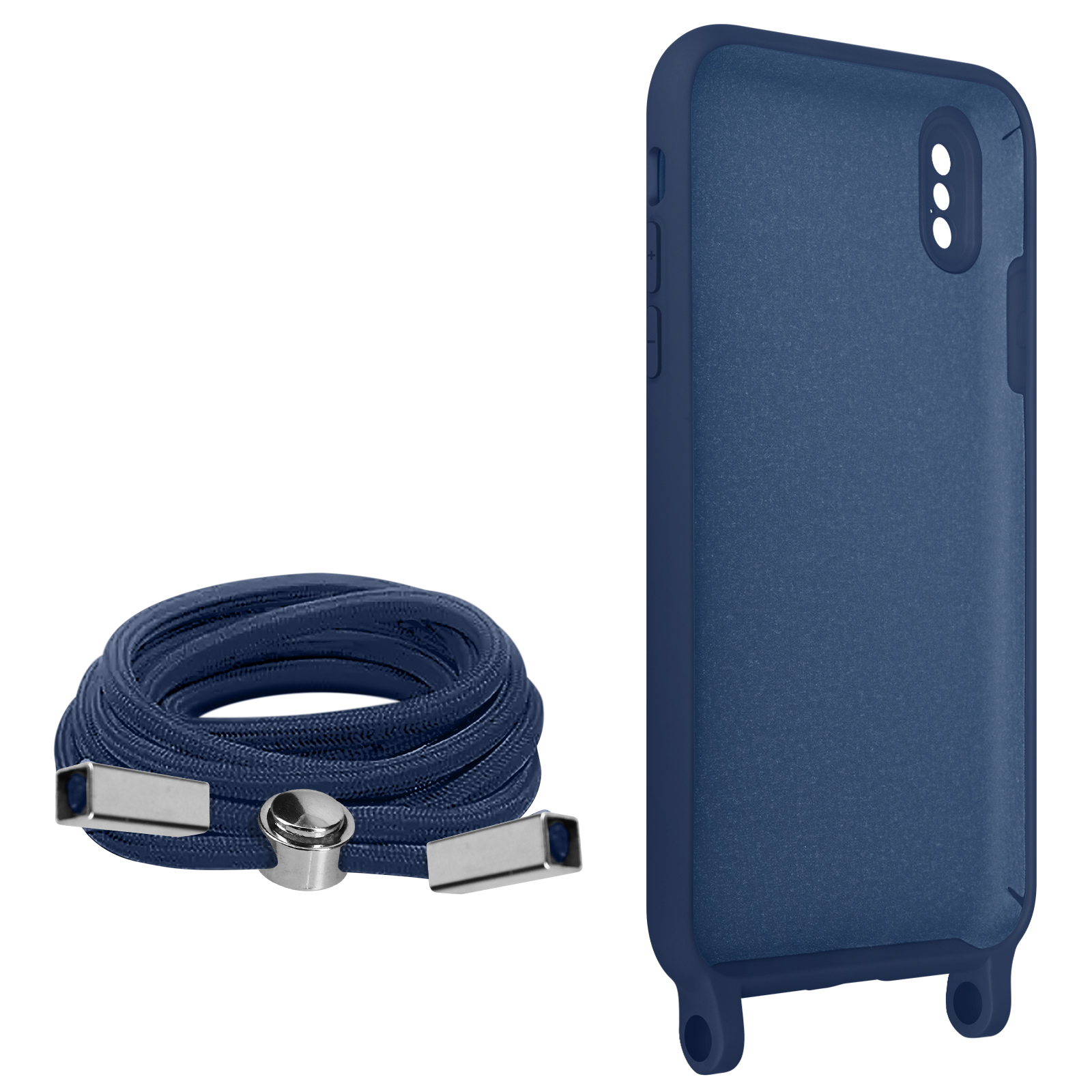 Coque de téléphone bleue et cordon bleu assorti. Fixations argentées. Fond blanc.
