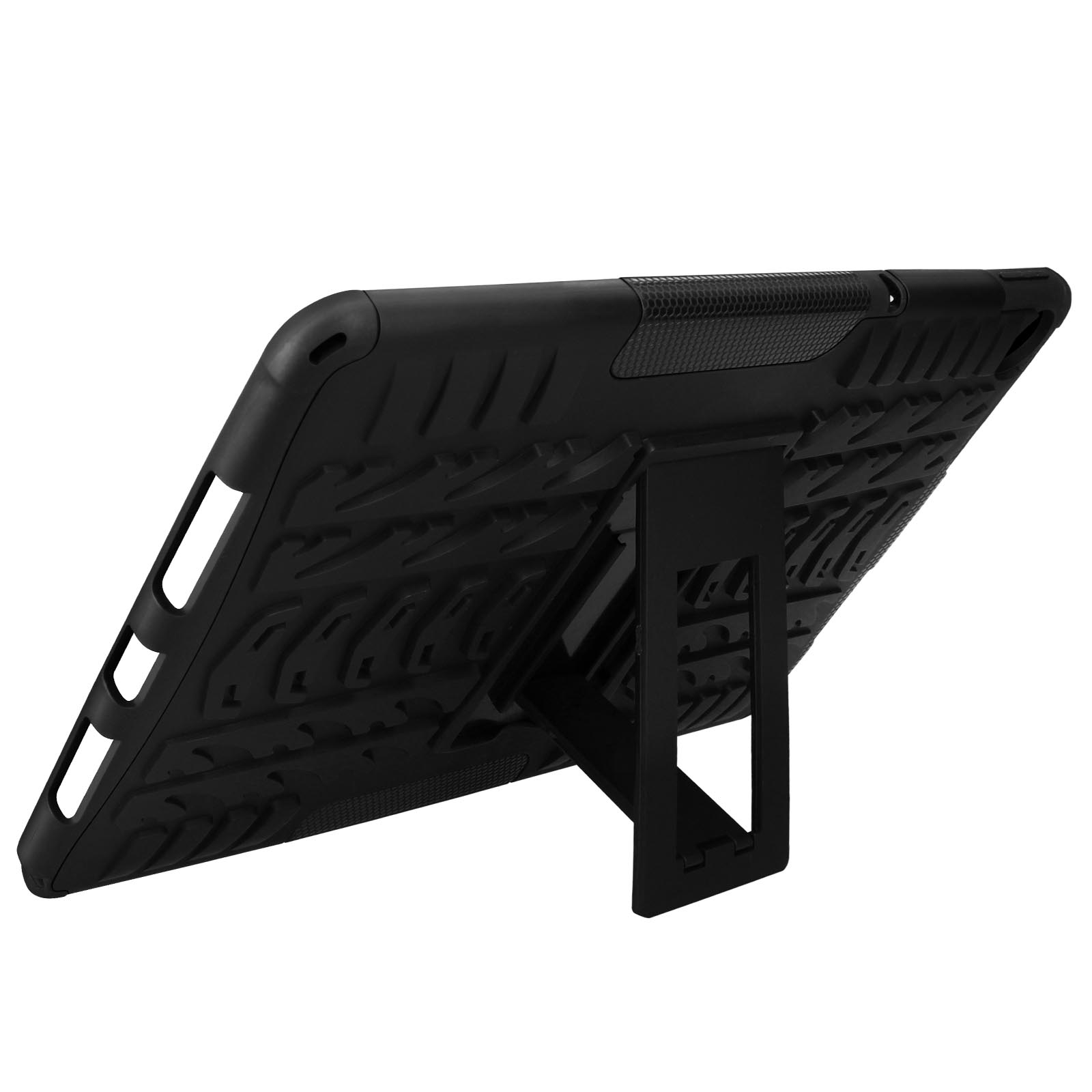 Eine schwarze Tablethülle mit Ständer ist auf weißem Hintergrund aufgestellt.