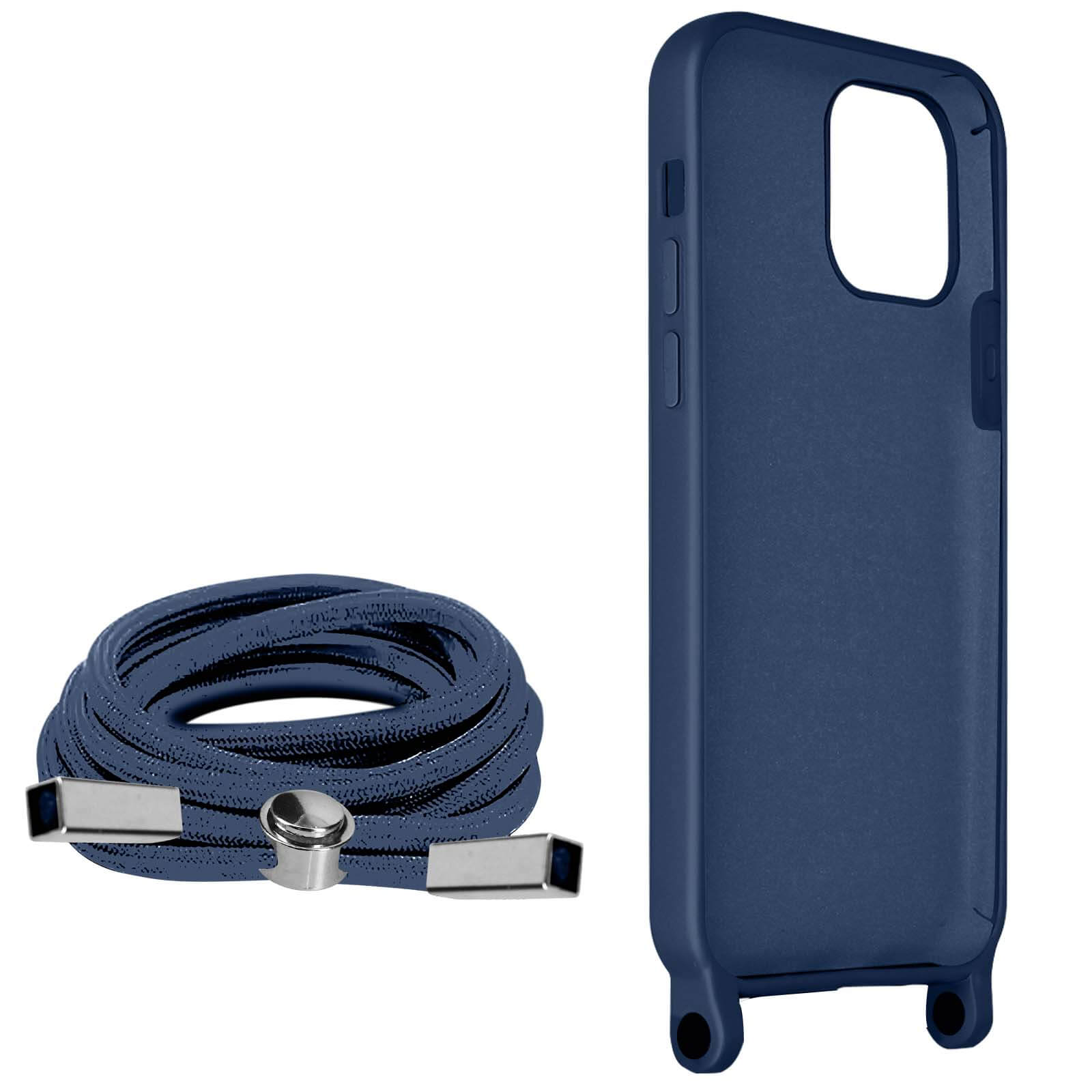 Dunkelblaue Handyhülle und ein blaues Seil. Die Hülle hat Löcher für ein Seil.