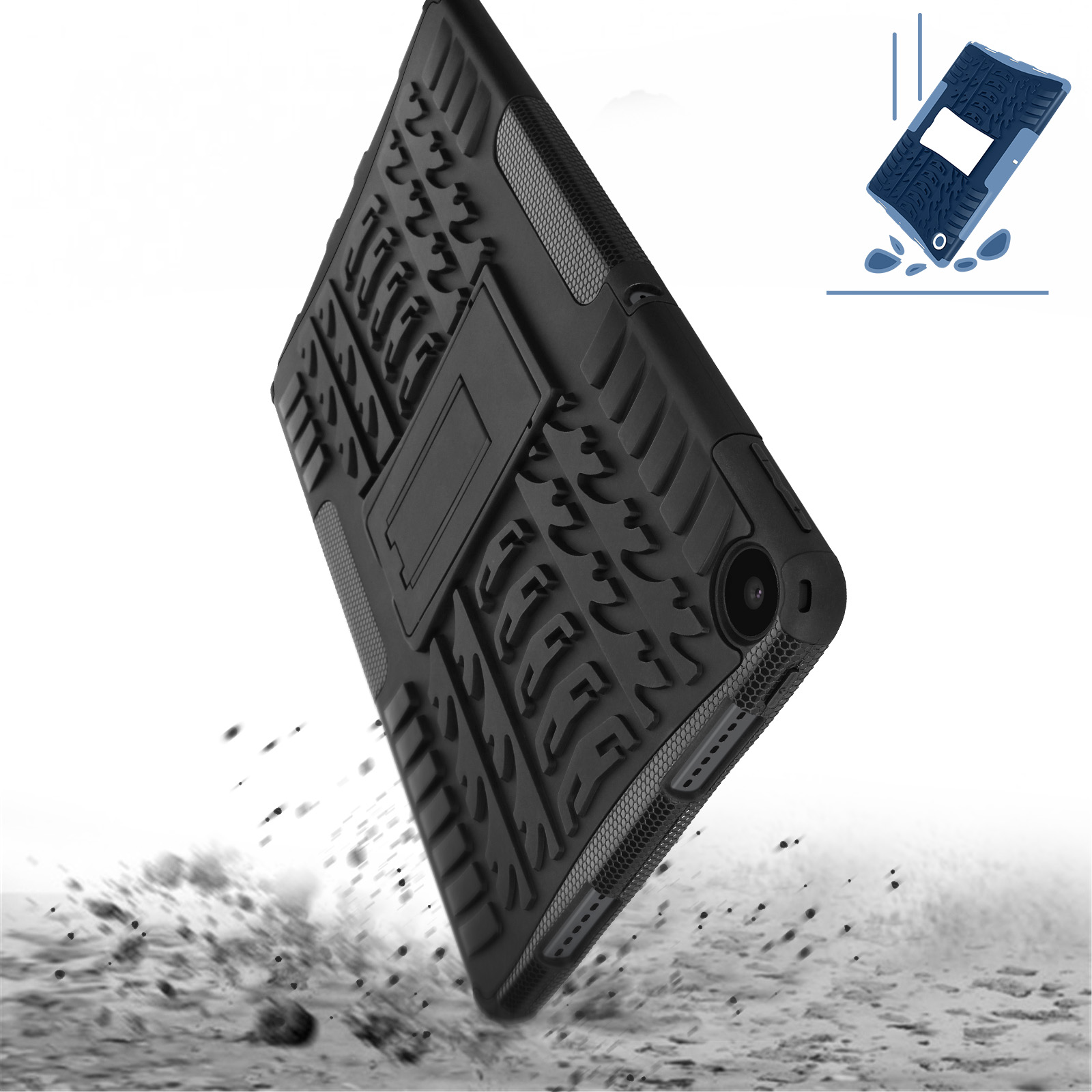 Schwarze Tablet-Hülle mit Ständer. Die Hülle wird aus verschiedenen Winkeln mit Aufprallsimulation gezeigt.