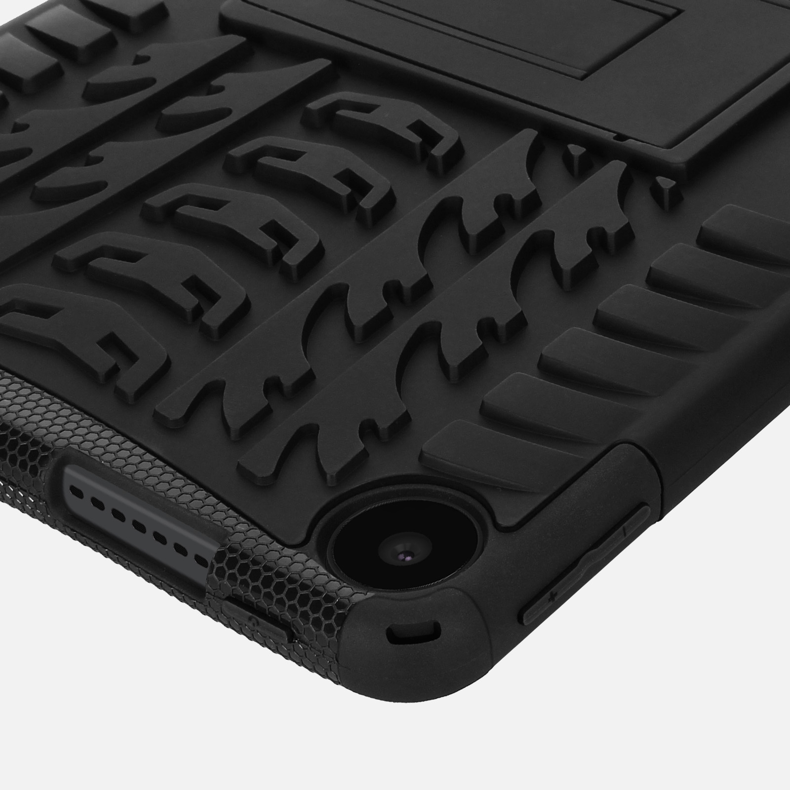 Schwarze Tablet-Hülle mit Ständer. Die Hülle hat ein strukturiertes Design.