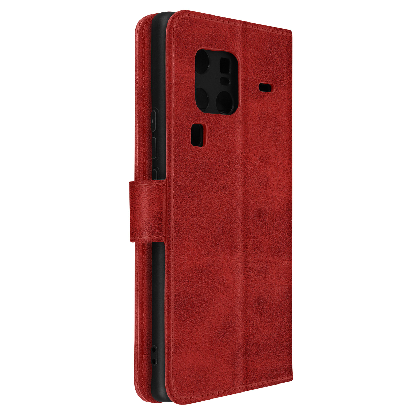 Custodia rossa per telefono. Chiusa, con chiusura magnetica. Ha un ritaglio per la fotocamera e una superficie testurizzata.