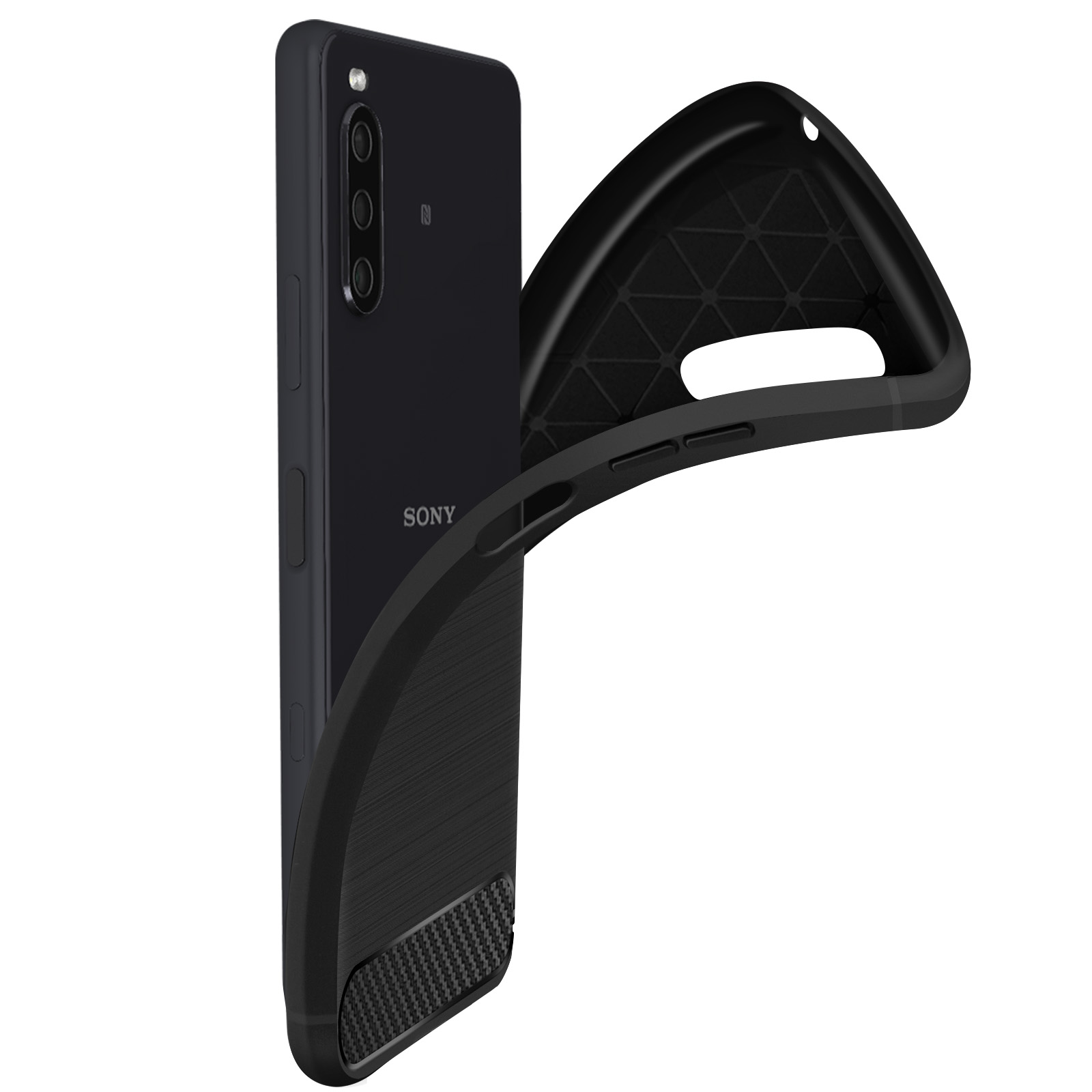 Un telefono nero con una custodia nera, con un retro strutturato. La custodia è flessibile.