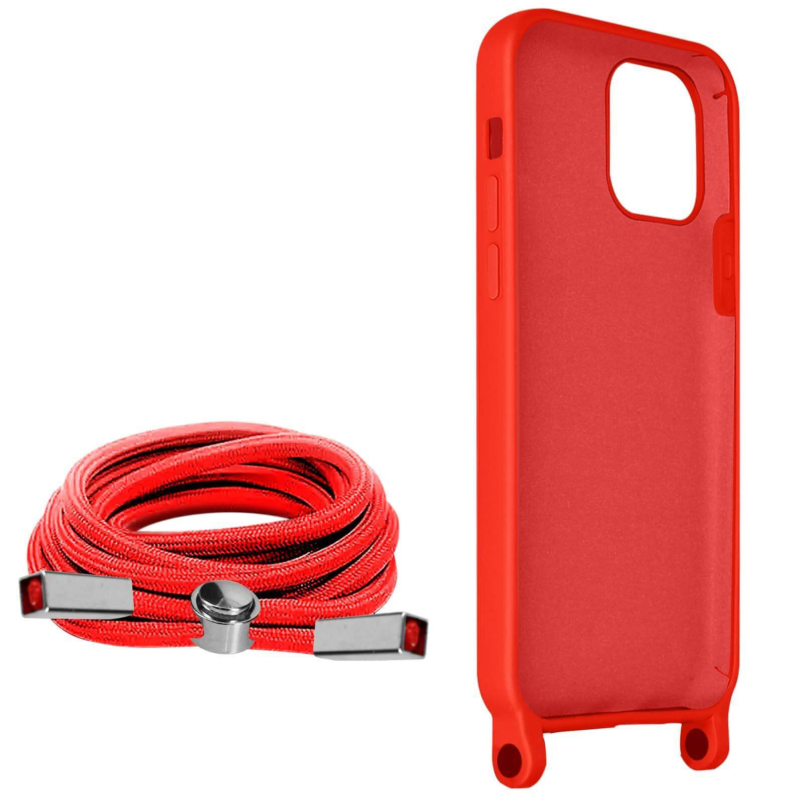 Rote Handyhülle und rotes Kabel. Das Kabel hat silberne Endstücke.