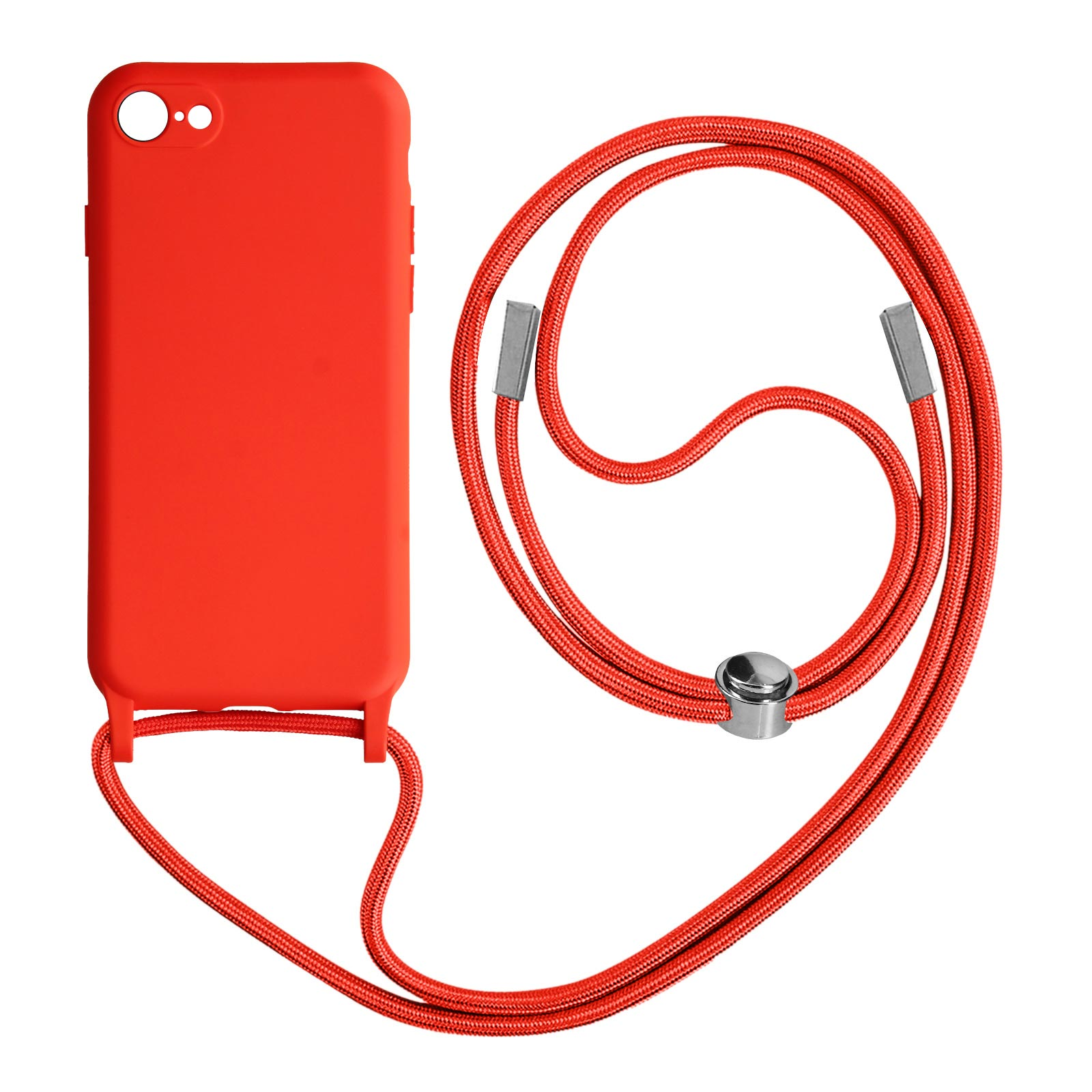 Un étui de téléphone rouge avec un cordon rouge.