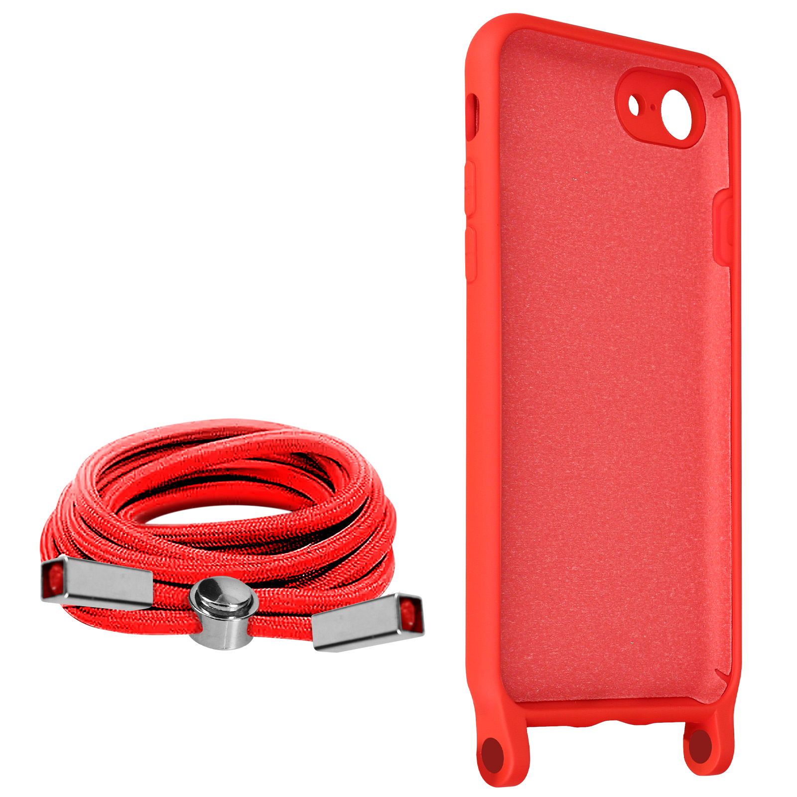 Coque de téléphone rouge et cordon rouge. L'étui est à côté du cordon. Fond blanc.