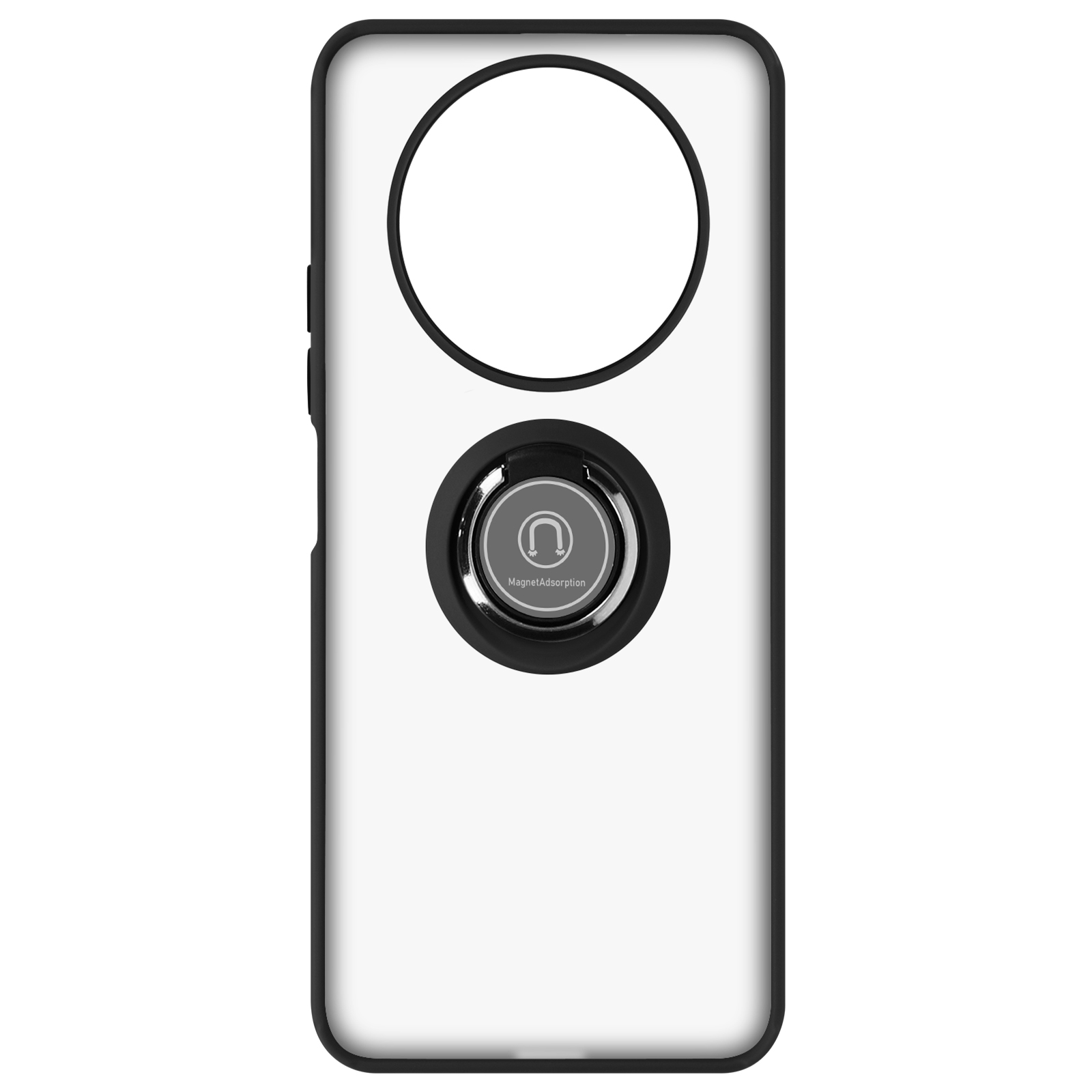 Custodia trasparente con supporto ad anello nero e ampia apertura per la fotocamera.