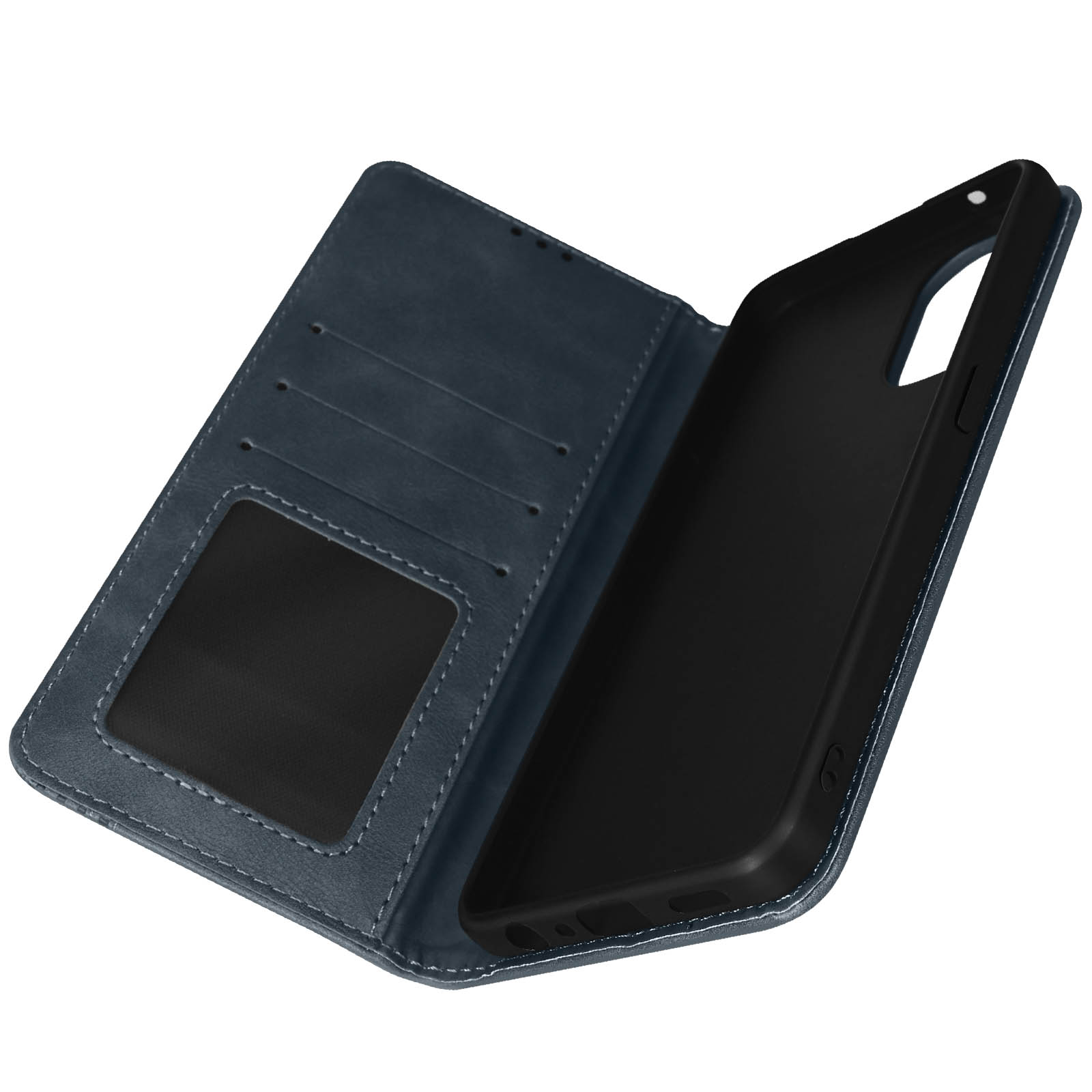 Custodia blu aperta che mostra fessure per carte e l'interno del telefono. Telefono nero all'interno.