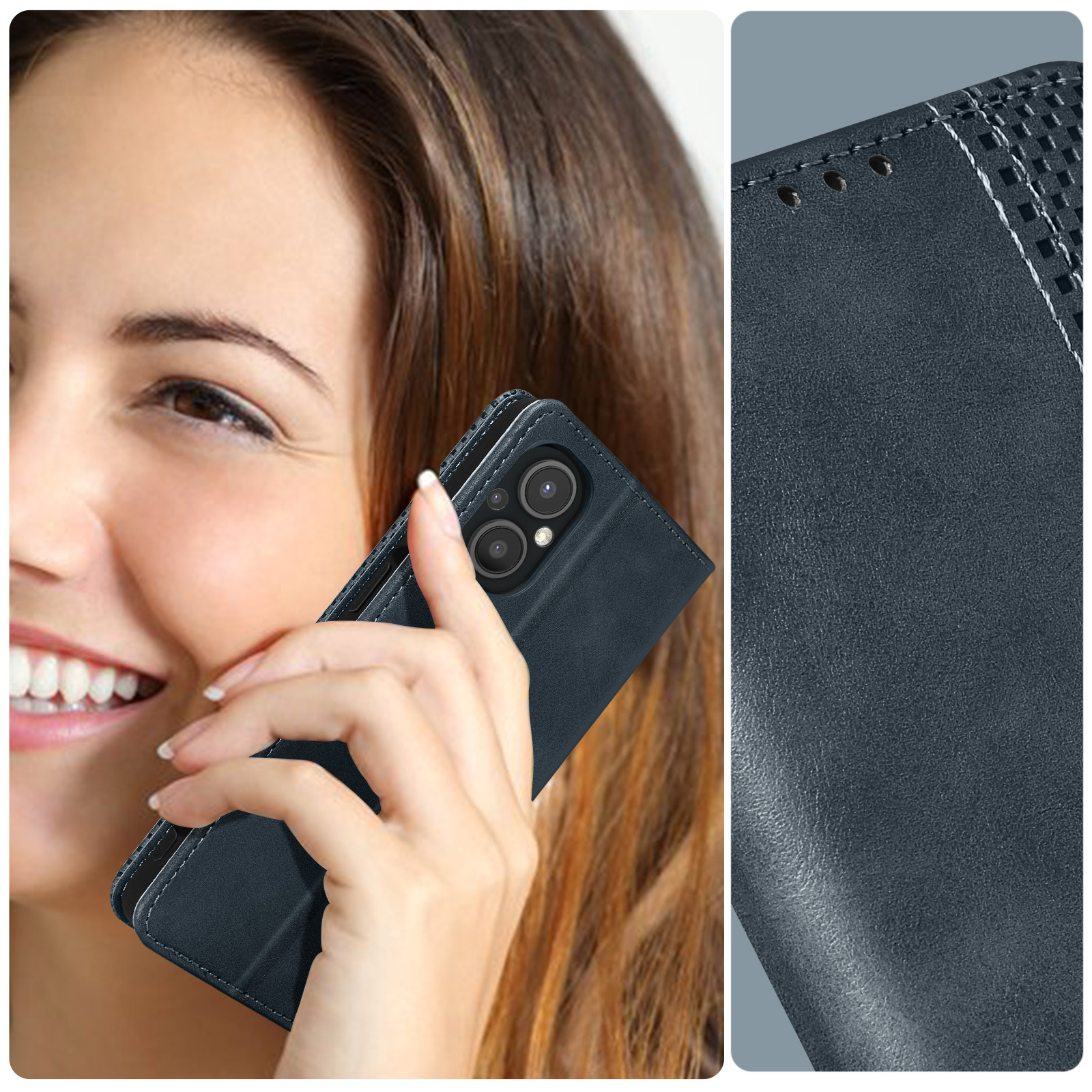 Donna sorridente, tiene un telefono blu navy in una custodia. Primo piano della custodia.