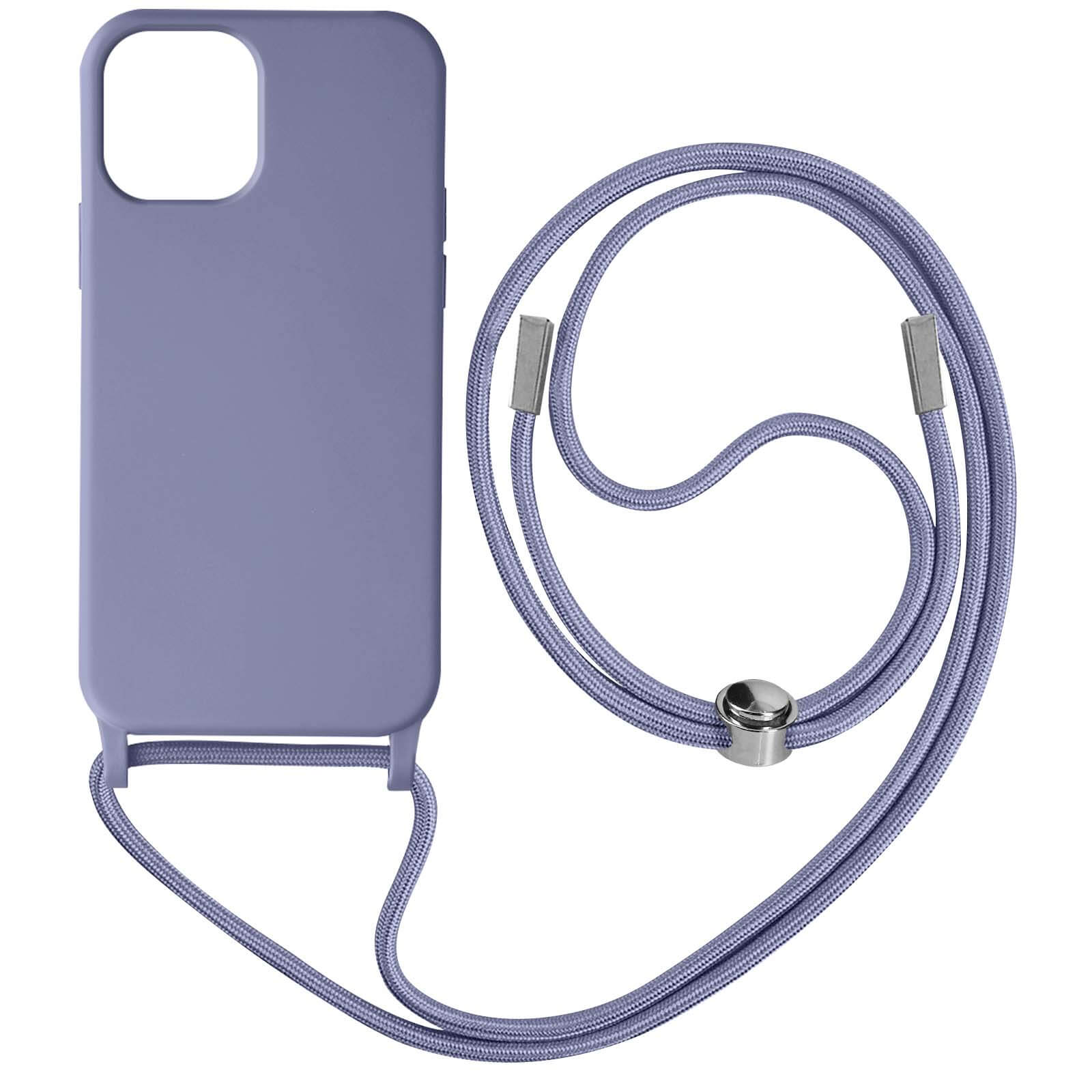Coque de téléphone lavande et cordon assorti. Le cordon a un curseur métallique.
