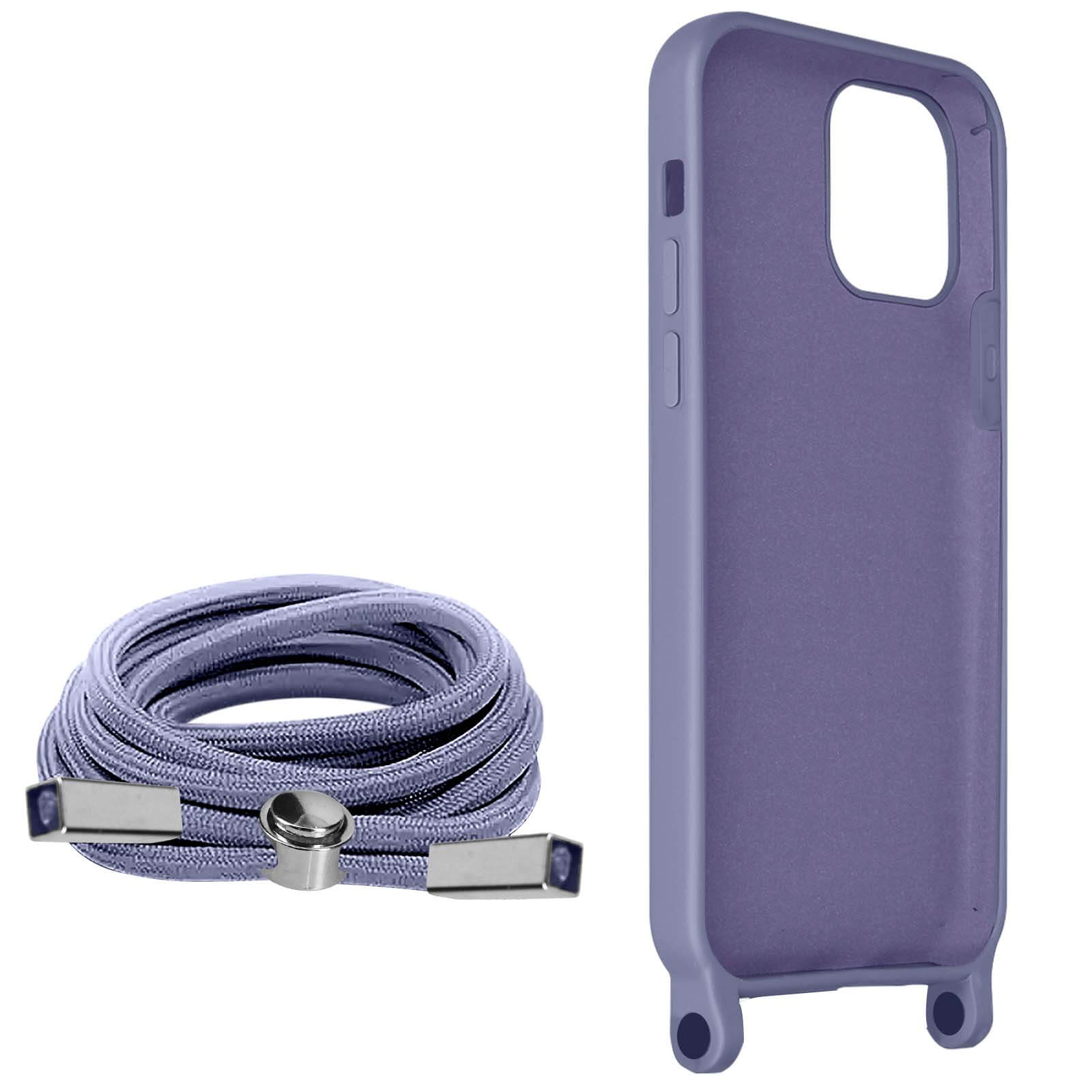 Une coque de téléphone violette avec un cordon et un cordon séparé.