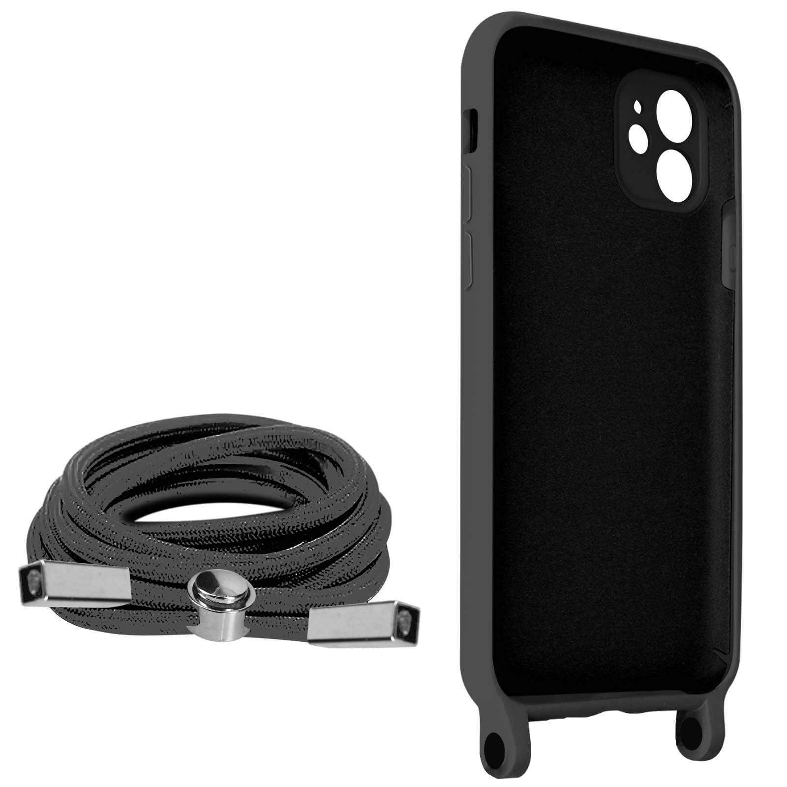 Una custodia per telefono con un cordino e un cavo di ricarica nero.