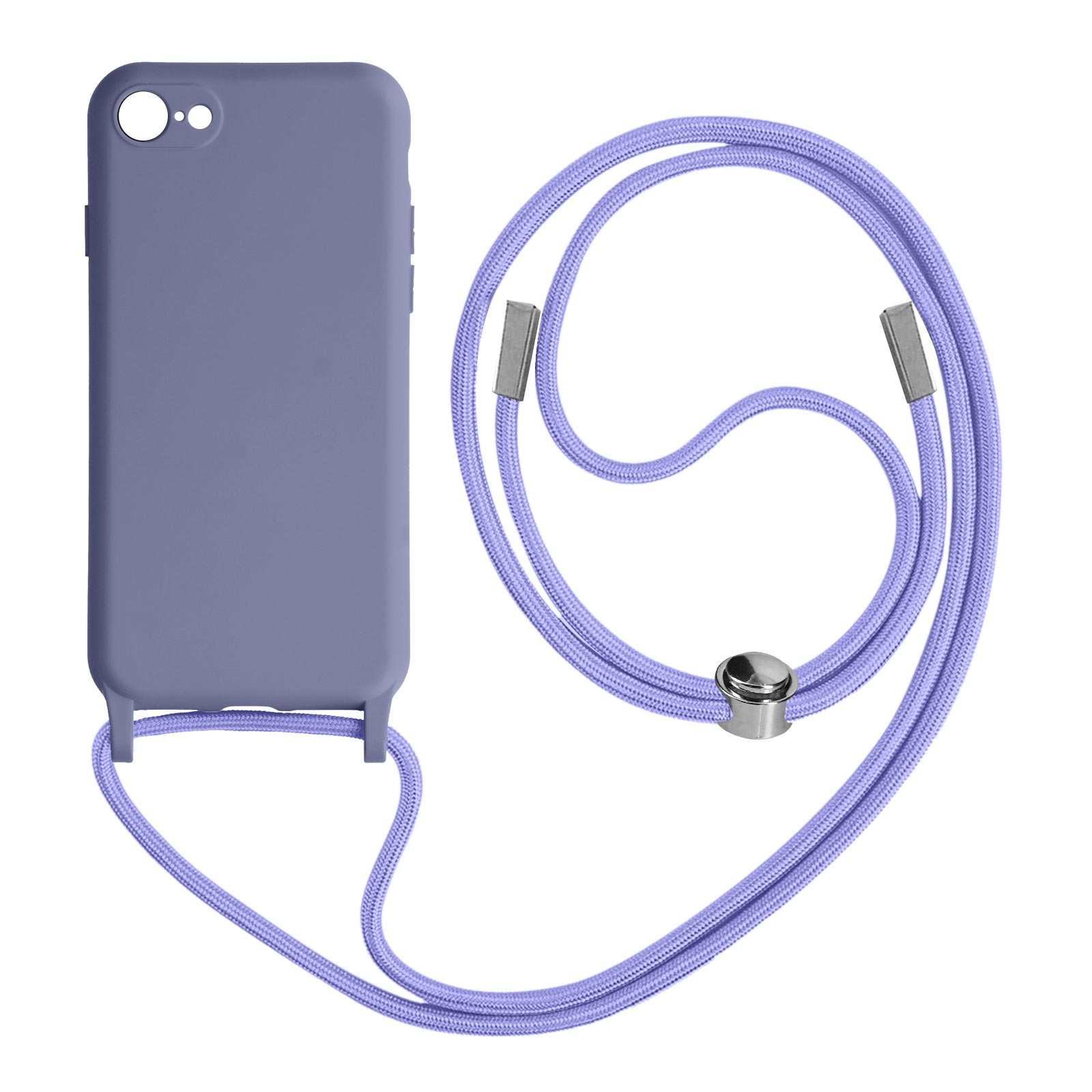 Coque de téléphone violette avec un cordon violet assorti.
