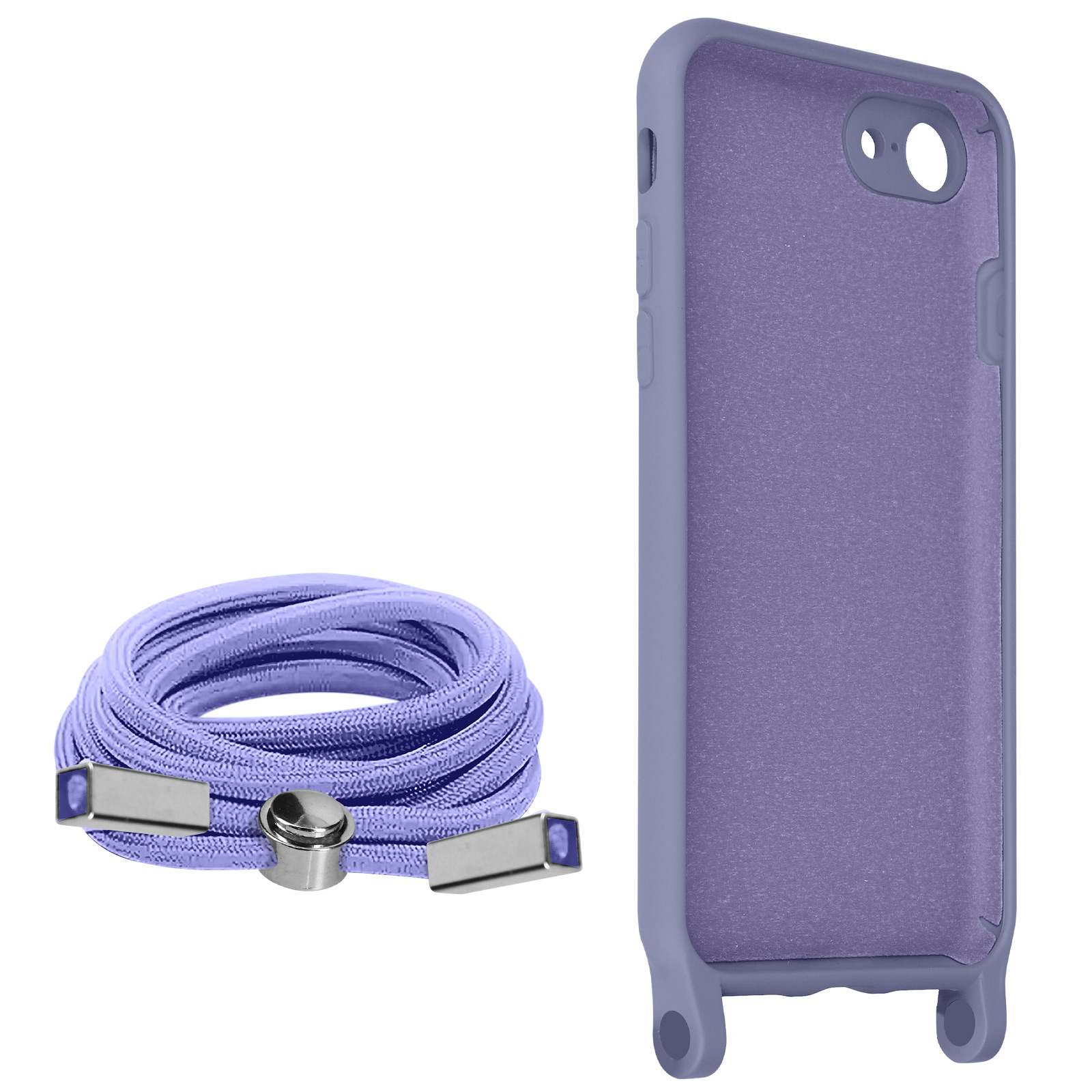 Coque de téléphone avec cordon assorti. La coque est violette, le fond blanc.