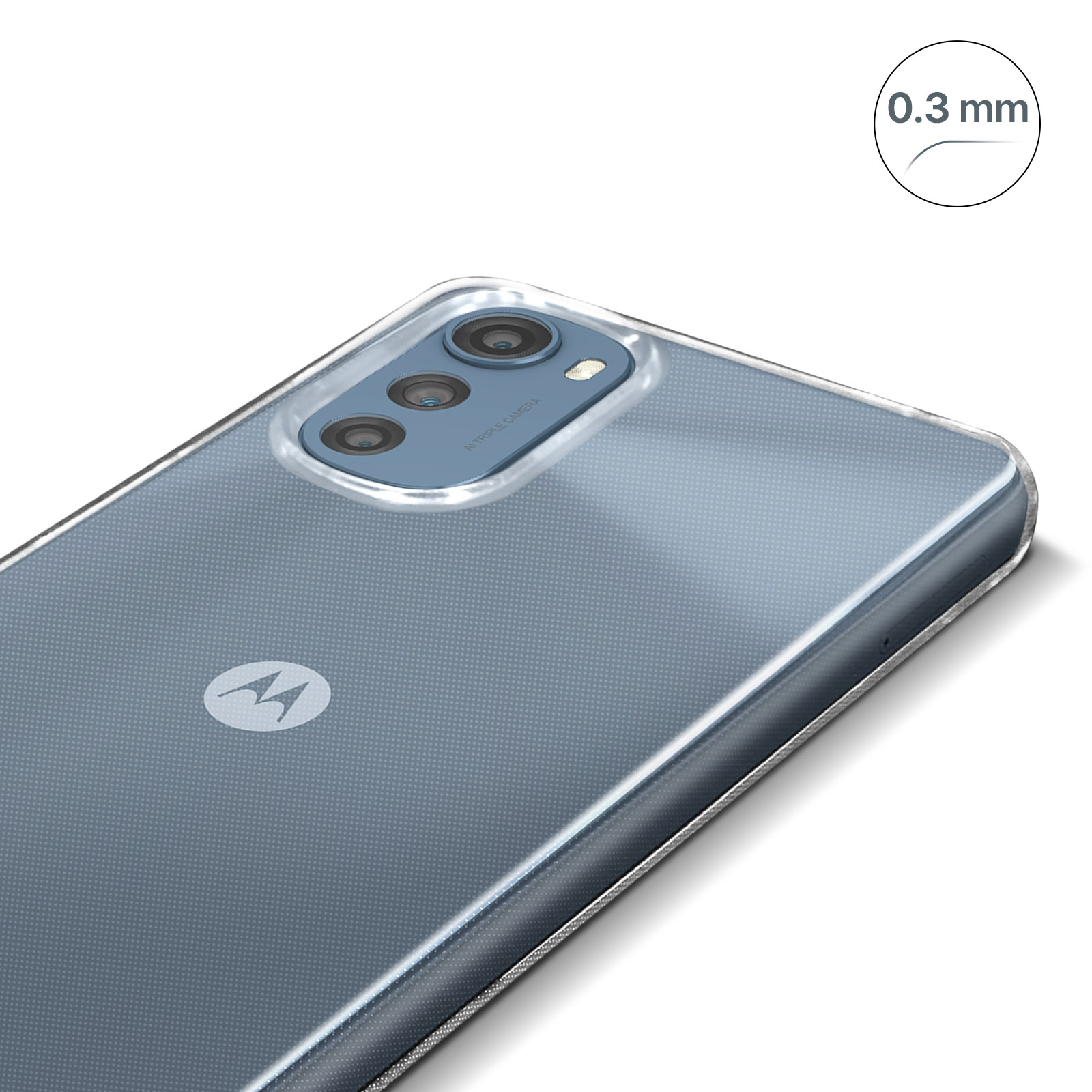 Una custodia trasparente su un telefono. La custodia ha un ritaglio per la fotocamera ed è spessa 0,3 mm.